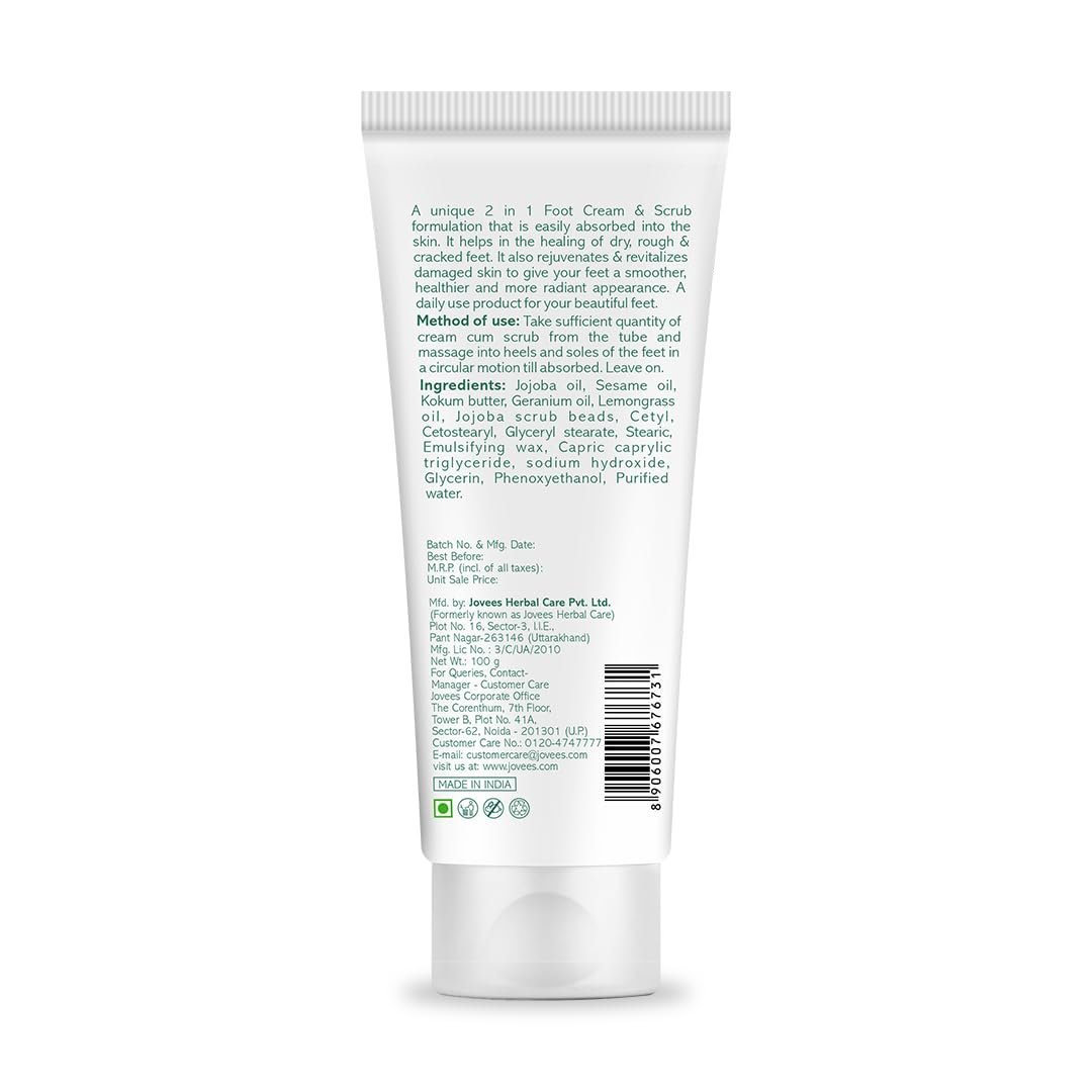 Jovees Herbal Foot Care Cream & Scrub | 2-in-1 Formula for Rough, Dry & Cracked Heels | Moisturizing Heel Repair with Jojoba & Sesame | Foot Cream for Men & Women - 100g thumbnail