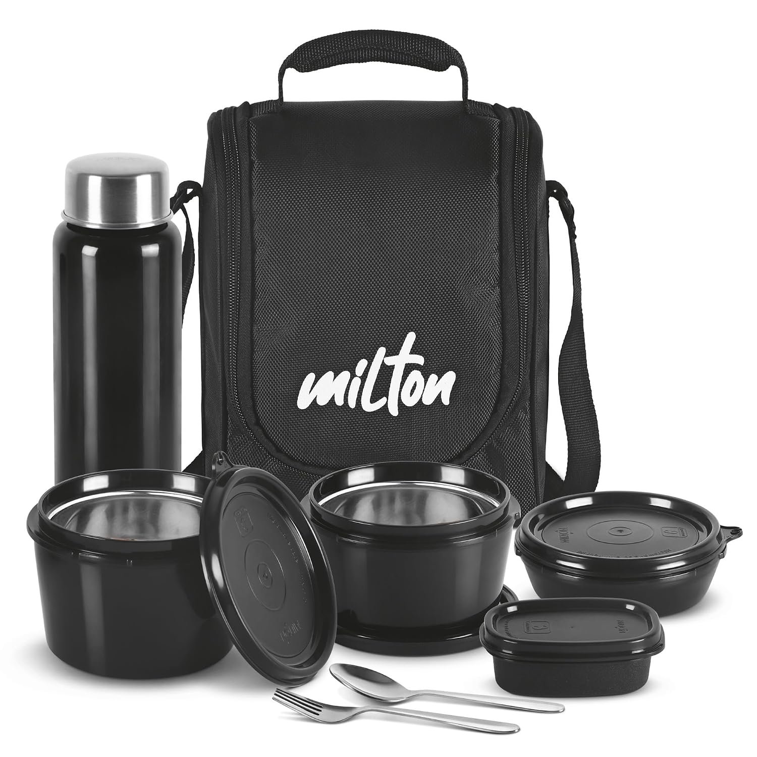 MILTON Pro Lunch Box with Steel Cutlery, 3 Microwave Safe Inner Steel Containers (180ml, 320ml, 450ml) Plastic Chutney Dabba 100ml, Bottle 750ml with Insulated Bag, Office Tiffin, Black thumbnail