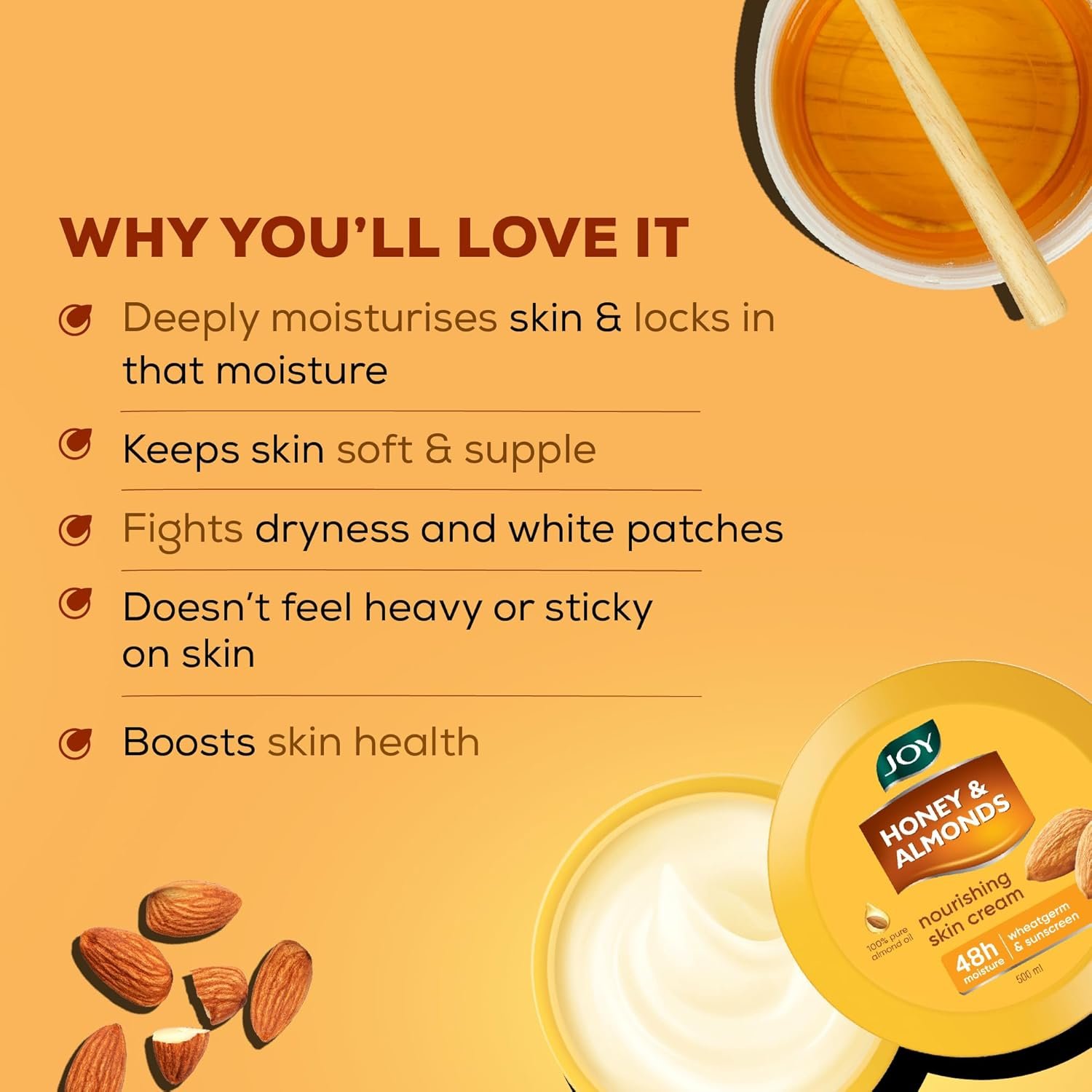 Joy Honey & Almonds Deep Nourishing Moisturizer for Dry Skin | Skin Cream for Face, Hands & Body | Contains Natural Sunscreen for Glowing Skin | Retains Natural Moisture Balance, 500ml thumbnail