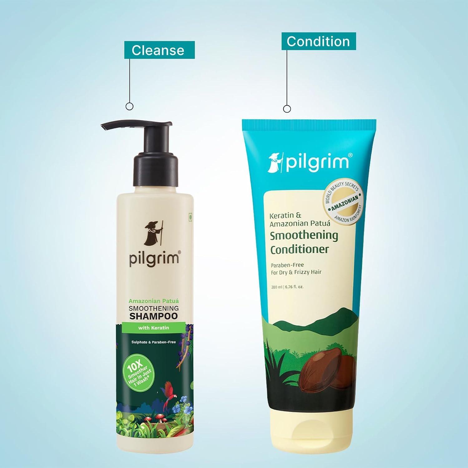 Pilgrim Patua & Keratin Hair SMOOTHENING SHAMPOO for Dry & Frizzy hair 200 ml & Amazonian Patuá & Keratin Hair Smoothing Conditioner-Unscented- For Dry & Frizzy Hair thumbnail