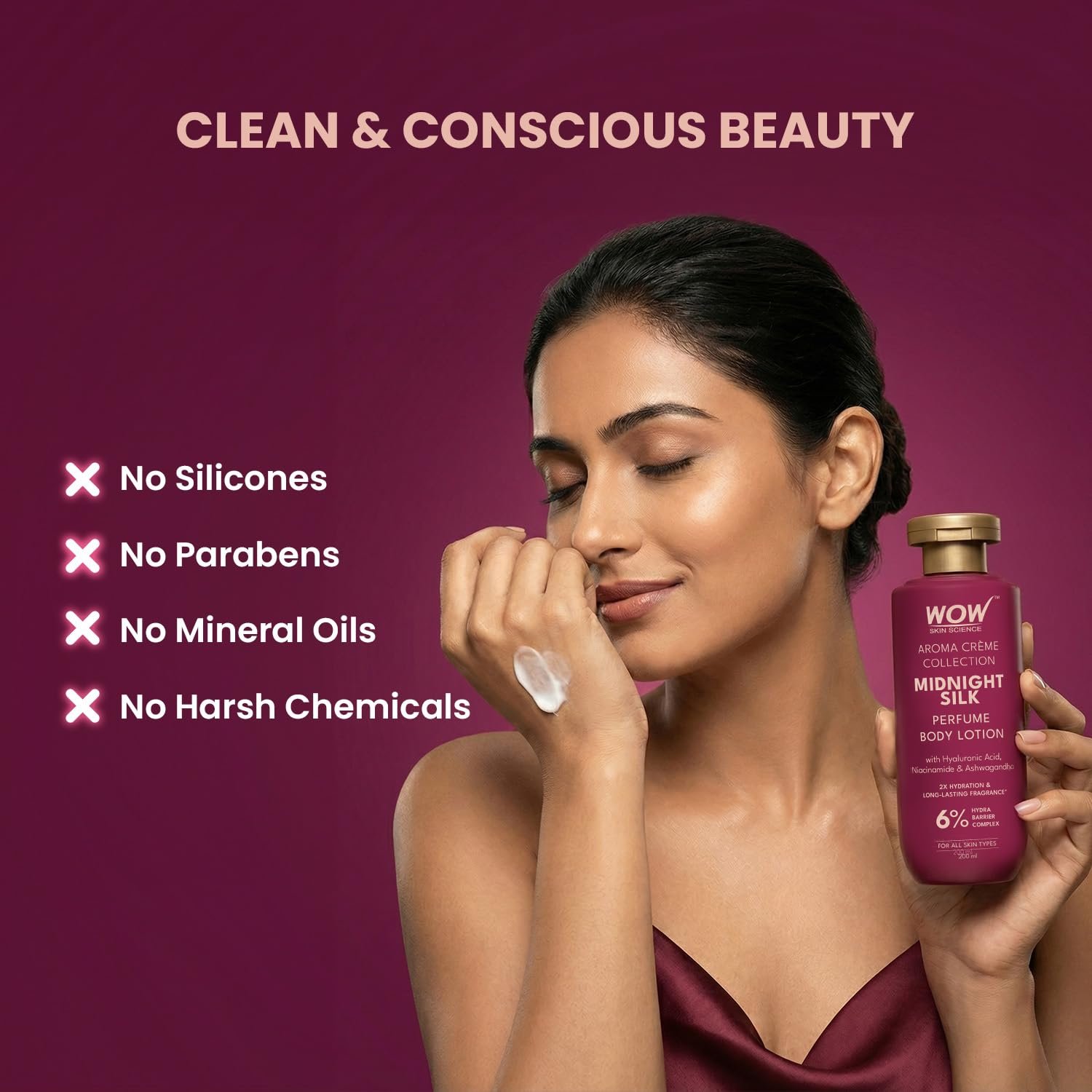 WOW Skin Science Midnight Silk Perfume Body Lotion | Aroma Crème Collection | 6% Hydra Barrier Complex with Hyaluronic Acid, Niacinamide & Ashwagandha | 200ml thumbnail