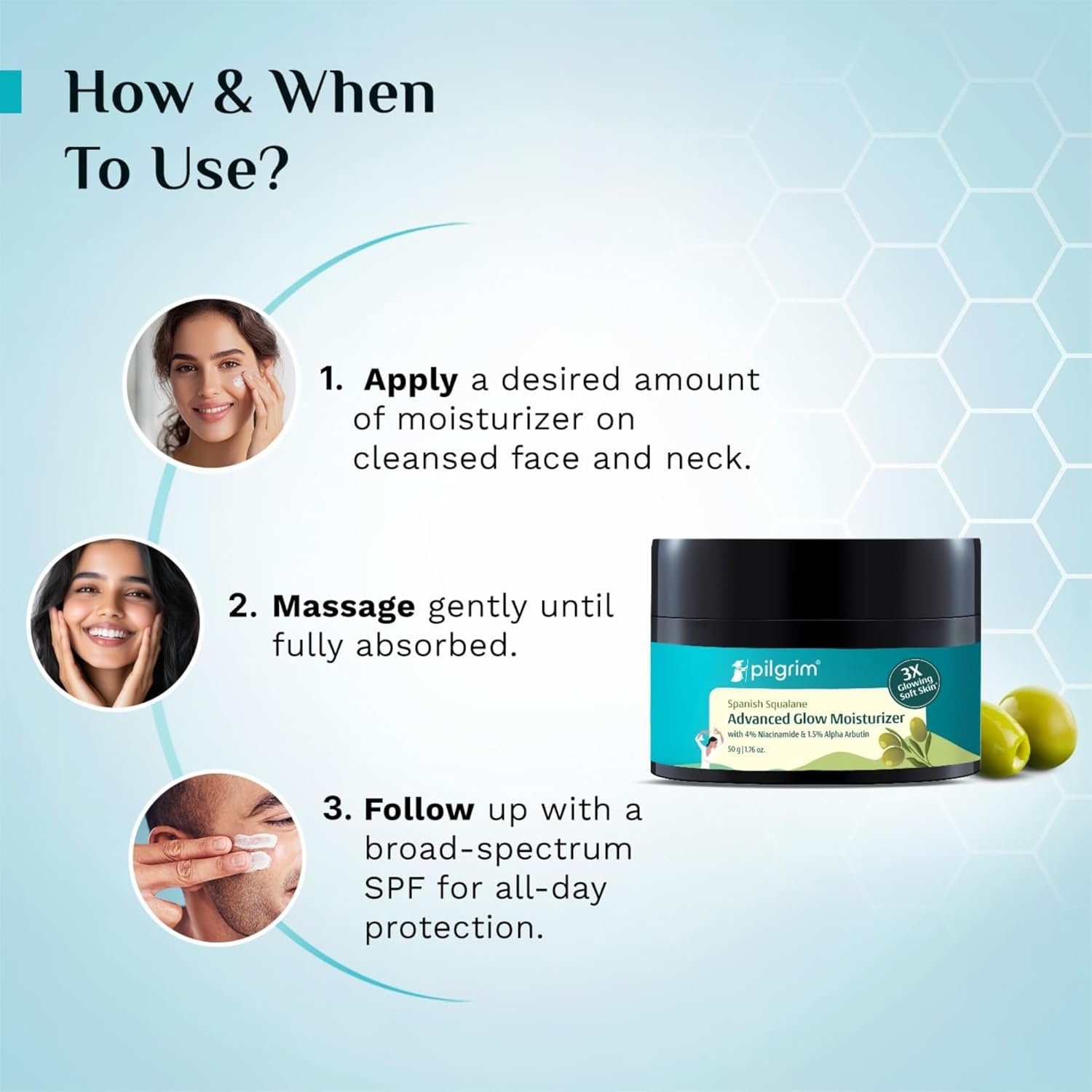 Pilgrim Squalane Niacinamide & Vitamin C Glow Moisturizer for face, dry skin hydration | With vitamin c for glowing skin | Non-greasy | For Women and Men I 50 gm thumbnail