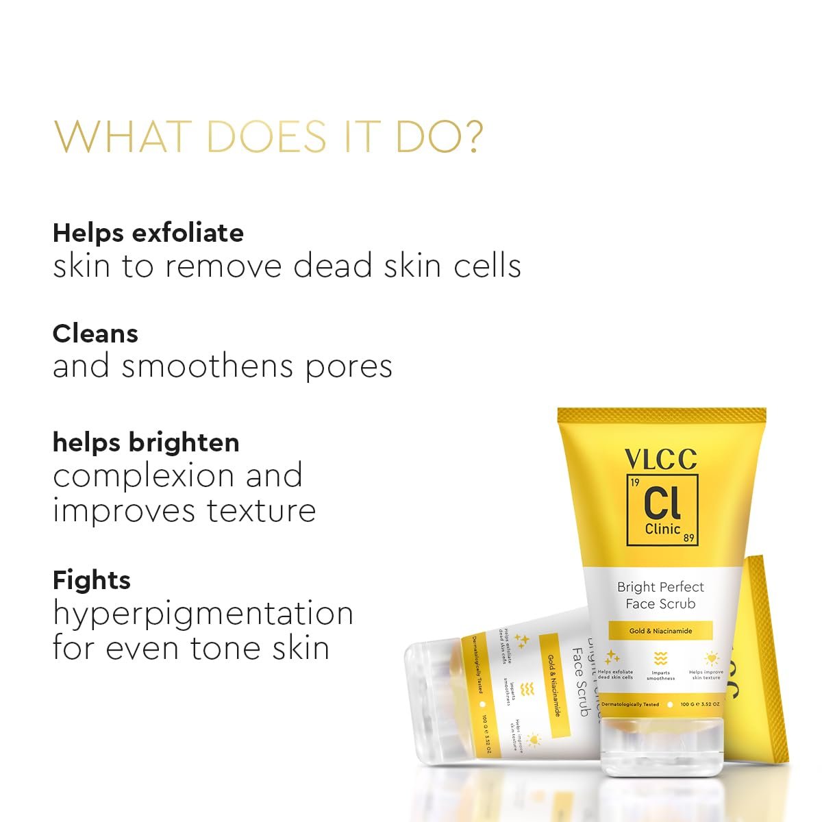 VLCC Clinic Bright Perfect Face Scrub - 100g | Mild Exfoliation | Brightening Face Scrub | Skin Brightening Scrub with 24K Gold Particles and Niacinamide thumbnail