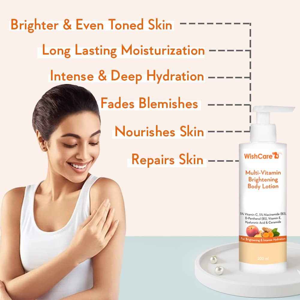 WishCare Multi-Vitamin Brightening Body Lotion - 5% Vitamin C, 5% Niacinamide(B3), Panthenol(B5), Vitamin E, Turmeric & Kakadu Plum - For Men & Women - 200 Ml thumbnail