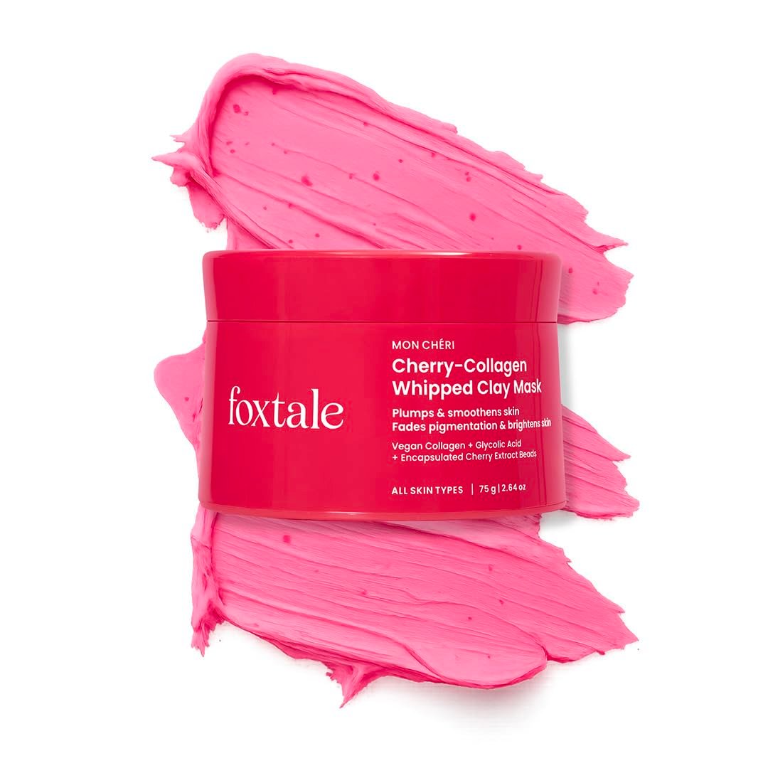 Foxtale Cherry Collagen Clay Mask with Vegan Collagen, Glycolic Acid, PHA & Cherry Beads | Plumps, Firms & Hydrates | Brightens, Detoxifies Pores & Smooths Uneven Skin Texture | 75g