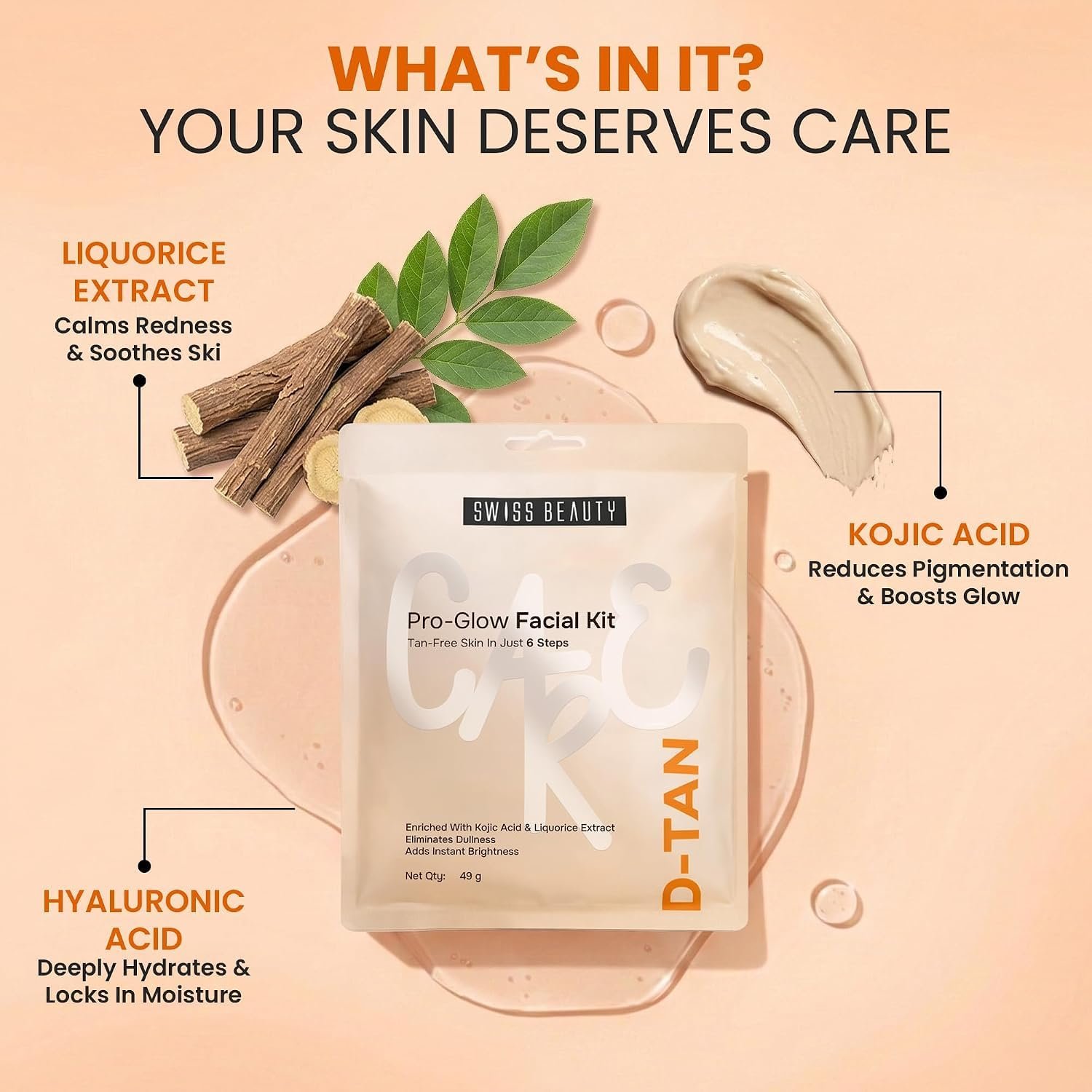 Swiss Beauty Care D-Tan Pro-Glow Facial Kit | Eliminates Tanning | Minimises Pigmentation & Uneven Skin Tone | Boosts Brightness | With Kojic Acid & Liquorice Extract | 49g thumbnail