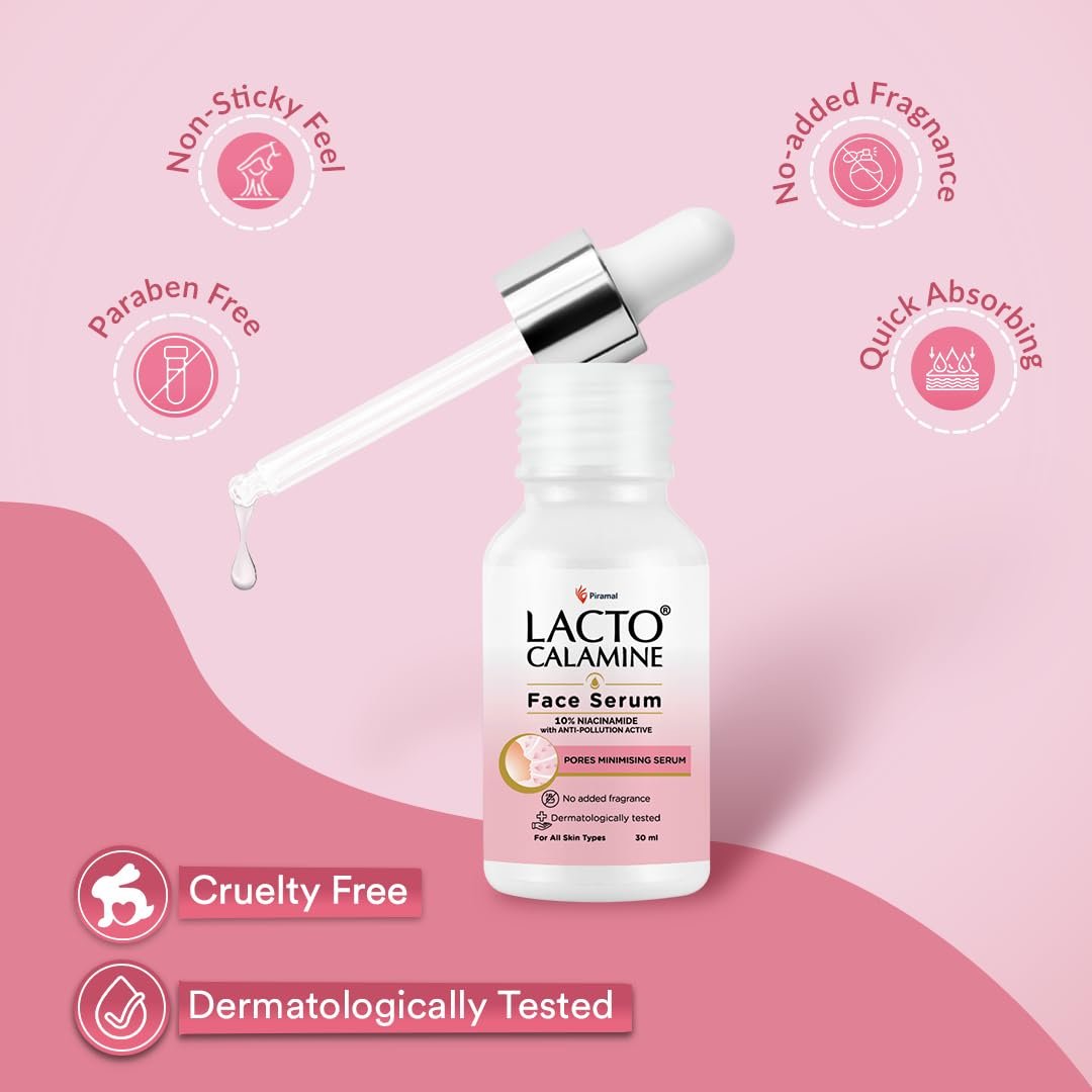 Lacto Calamine 10% Niacinamide Face Serum | 30ml | Pore Minimizing, Acne Marks, Blemishes & Oil Balancing | Face Serum for Women & Men | thumbnail