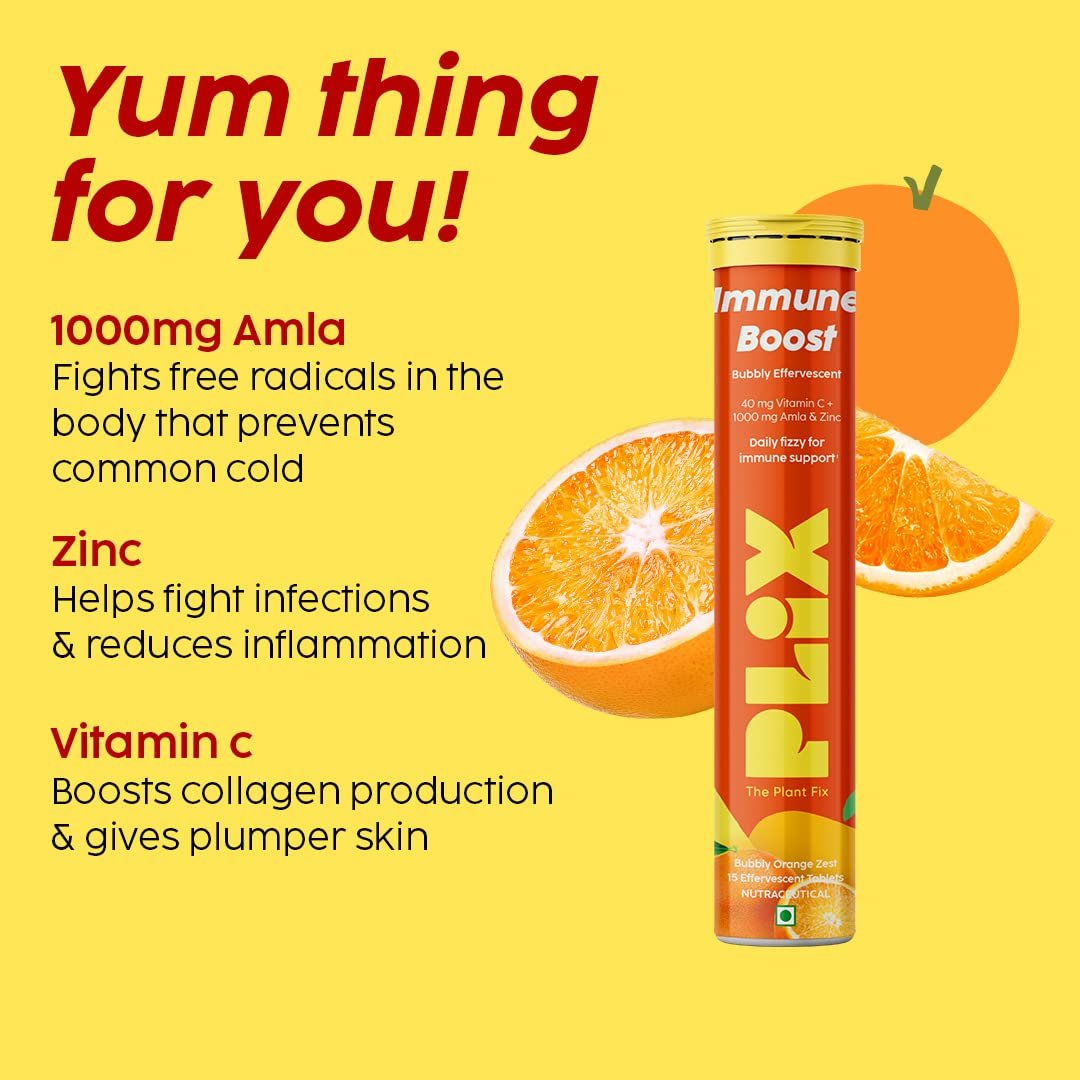 PLIX - THE PLANT FIX Vitamin C Immunity Booster 15 Effervescent Tablets,Pack Of 1 (Orange Flavour),Contains Amla And Zinc,Helps Improve Mood,Increases Energy Levels,Gluten-Free,Non-Gmo,Vegan thumbnail