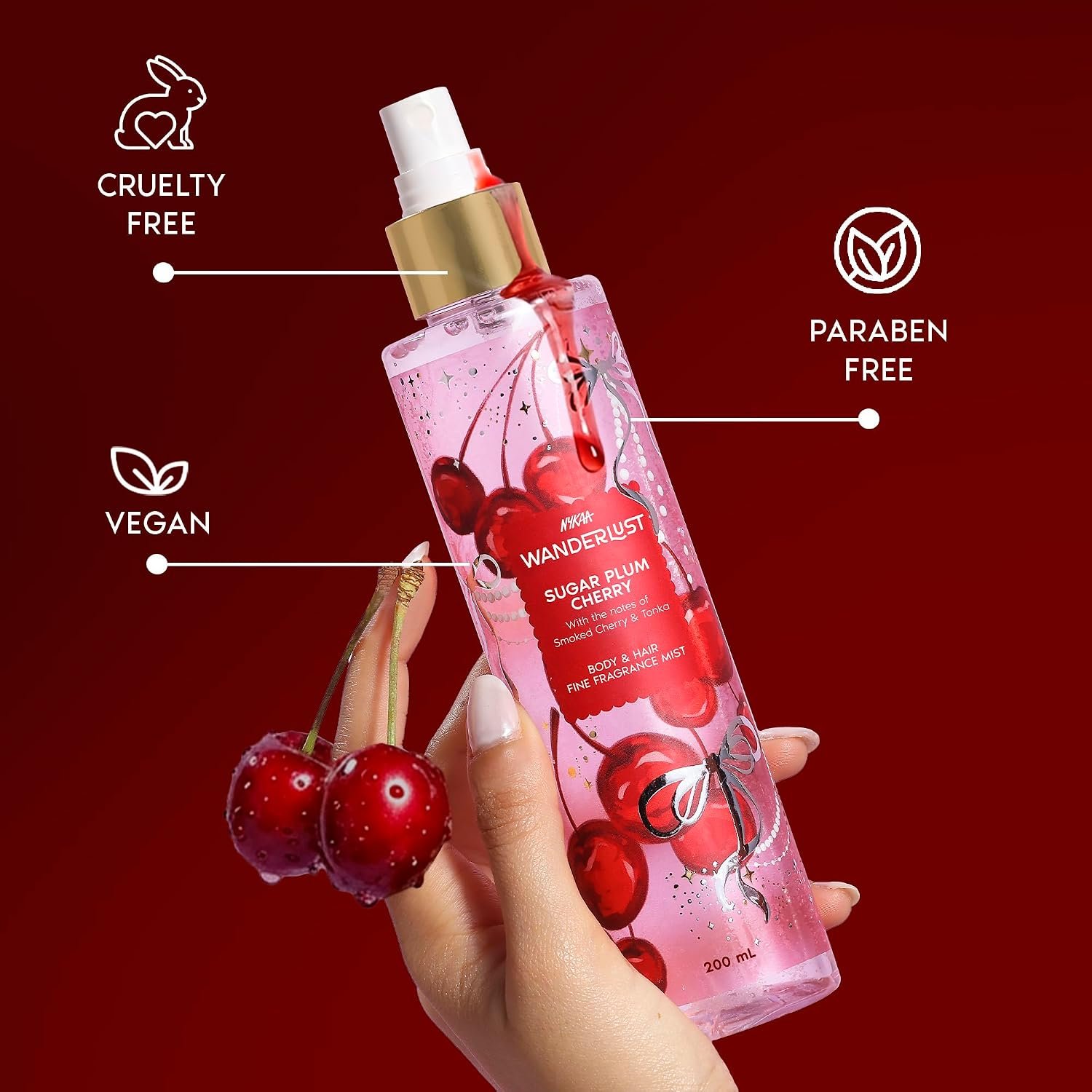 Nykaa Wanderlust Sugar Plum Cherry Perfume Body & Hair Mist, Notes of Cherry & Raspberry, 8 Hrs Long-Lasting Everyday Fragrance, 200 ml thumbnail