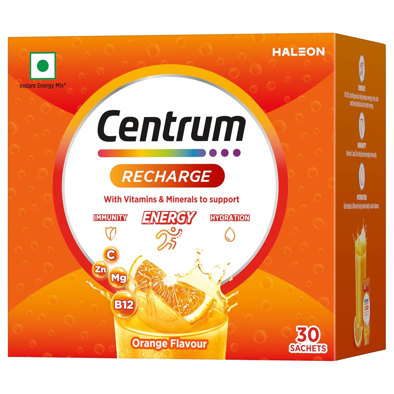 Centrum Recharge Energy Drink Mix with Vitamins & Minerals | For Energy, Hydration & Immunity | Vit. C, Vit. B12, Electrolytes, Magnesium, Biotin, Zinc & More | Orange Flavour - Pack of 30 S thumbnail
