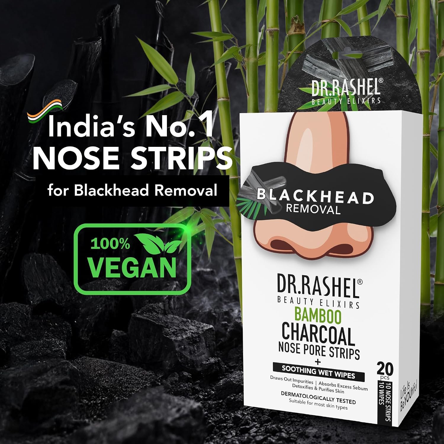 DR.RASHEL Beauty Elixirs Bamboo Charcoal Nose Pore Strips for Blackhead Removal, Activated Charcoal Deep Cleansing & Oil Control, Painless Pore Care for Men & Women,(10 Strips + 10 Cleansing thumbnail
