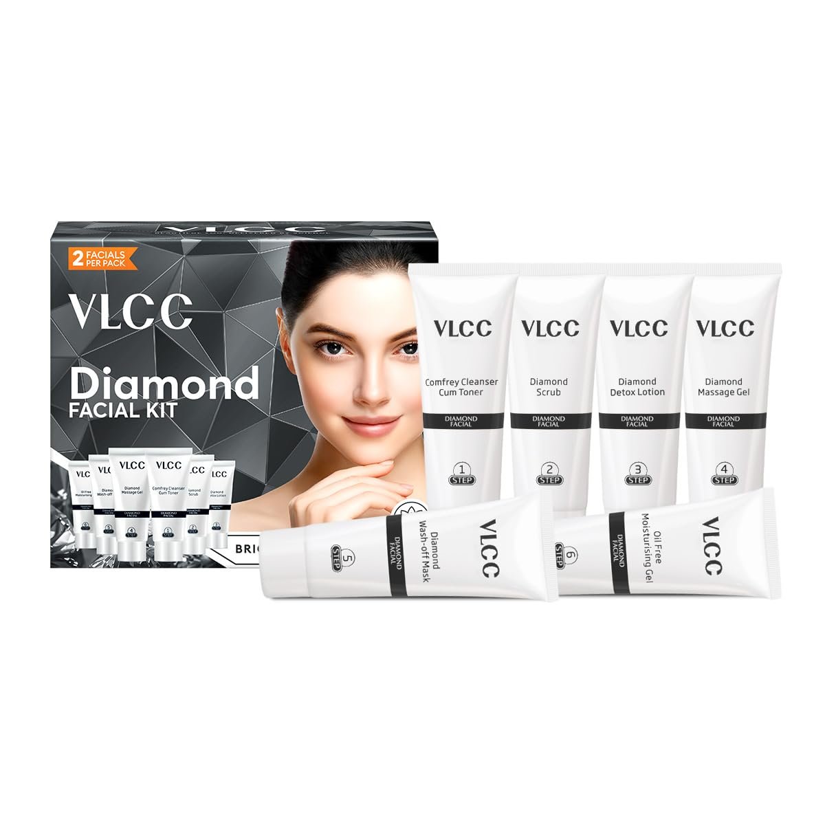 VLCC Diamond Facial Kit - 60g | Purifying with Parlour Glow | Improves Elasticity, Brightens and Helps Lighten Patchy, Damaged Skin thumbnail