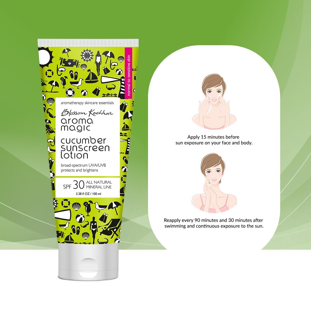 Aroma Magic Cucumber SPF 30 Sunscreen Lotion 100ml | for Normal to Sensitive Skin | Non-Nano Zinc Oxide, Wheatgerm & Coconut Oil | Cools, Soothes & Protects | No Parabens or Alcohol thumbnail