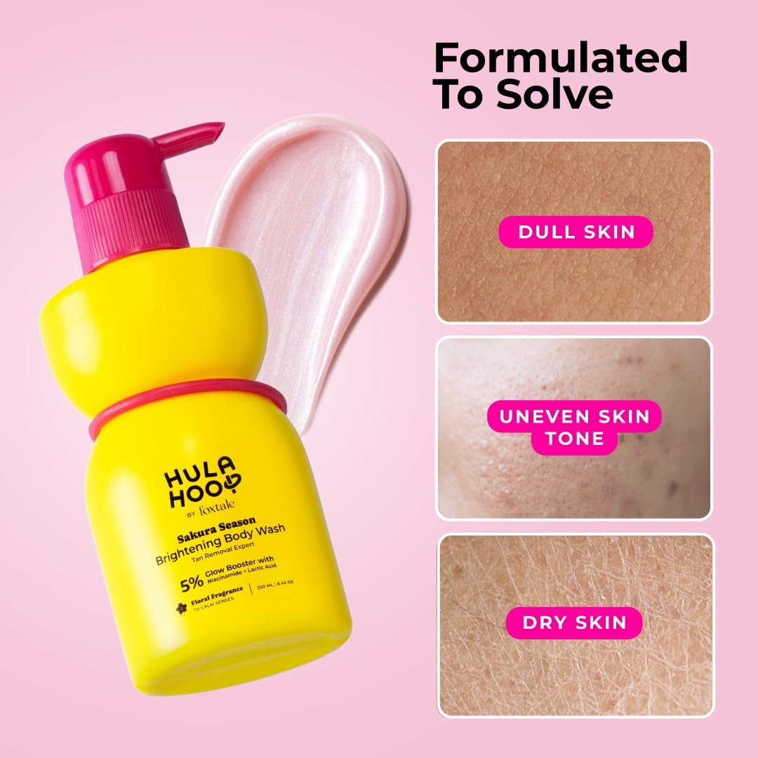 Hula Hoop Brightening Body Wash by Foxtale | Lactic Acid & Niacinamide | Reduces tan from 1st wash | Brightens & Evens Out Skin Tone | Floral Sakura Scent| For Men & Women | 250ml thumbnail