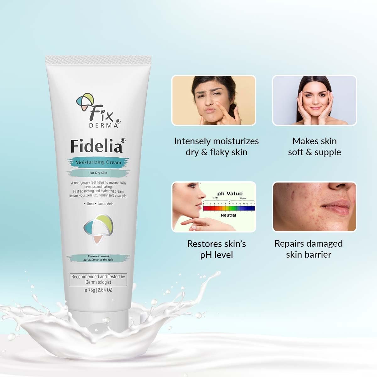 Fixderma Fidelia Moisturizing cream | Daily Moisturizer for Dry & chapped skin | Provides Hydration and Moisturization, Non-Comedogenic & Non-Greasy formulation - 75 gm thumbnail