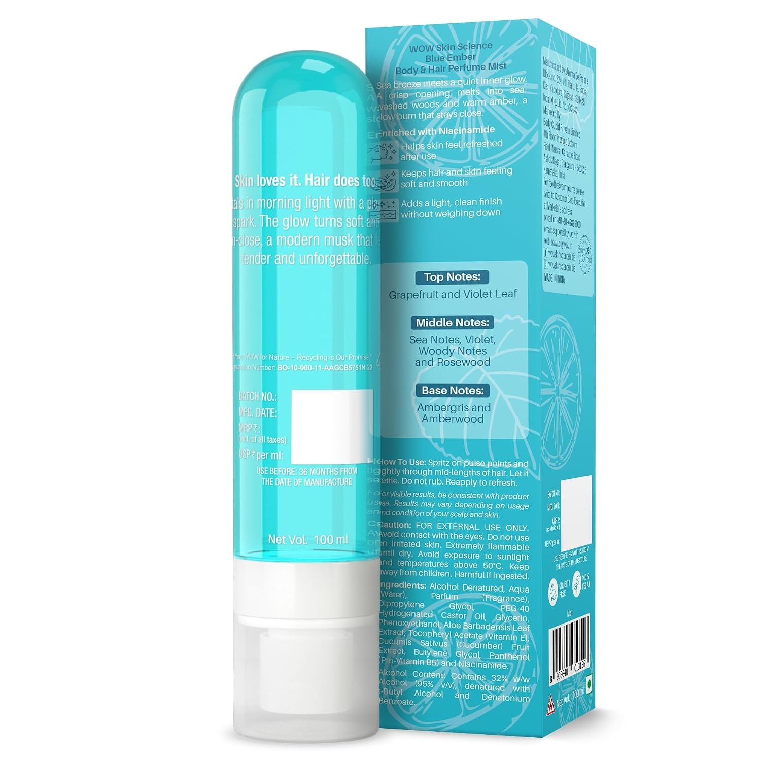 WOW Skin Science Blue Ember Unisex Body & Hair Perfume Mist | Fresh Aquatic Amber Fragrance with Niacinamide | Lightweight, Skin-Close Scent for Men & Women | 100ml thumbnail