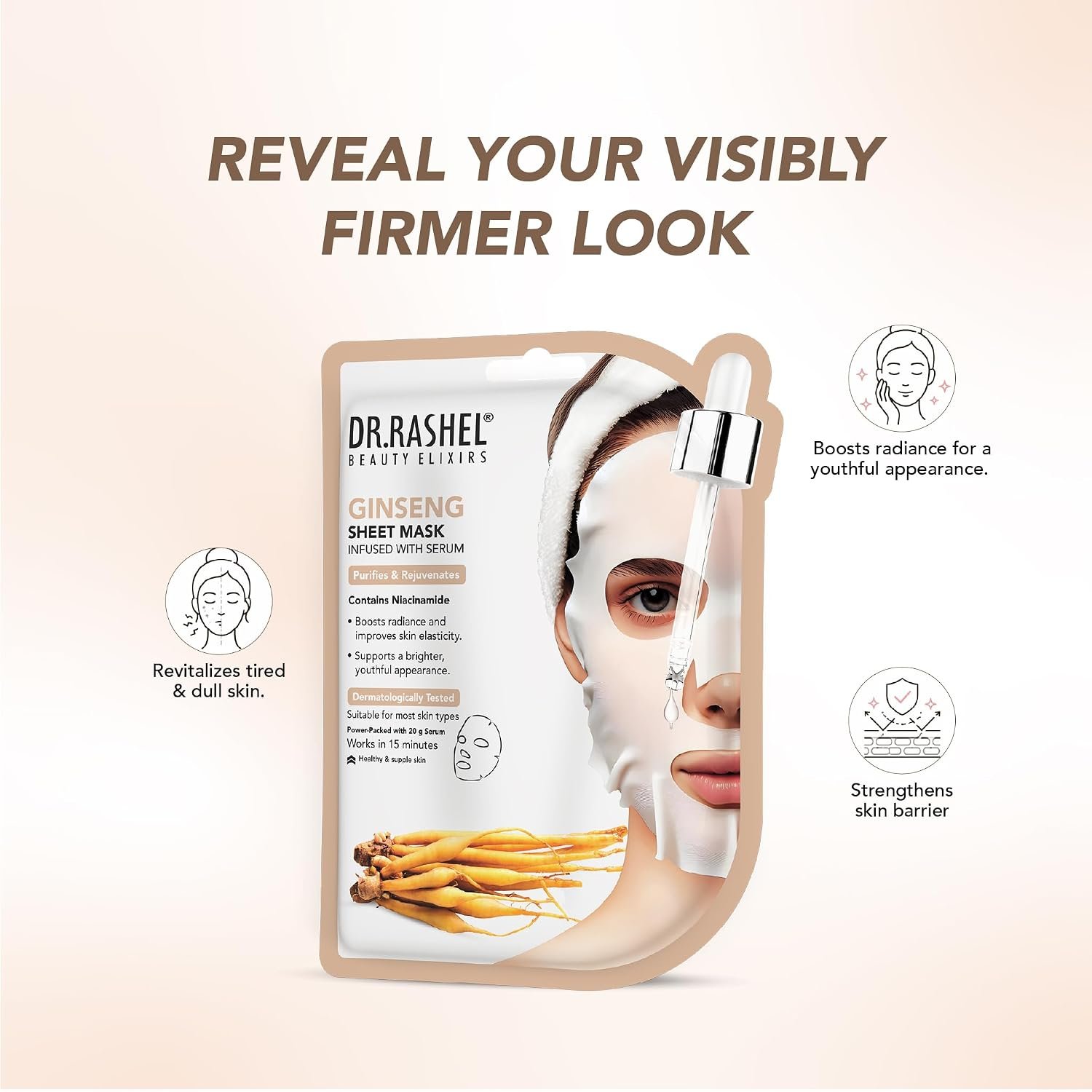 DR.RASHEL Ginseng Face Sheet Mask Gift Set With Serum For Women & Men | Deep Hydration & Moisturization | Healthy & Radiant Skin | Soft & Smooth Skin | Paraben Free | Pack Of 4 | 20 Grams Ea thumbnail