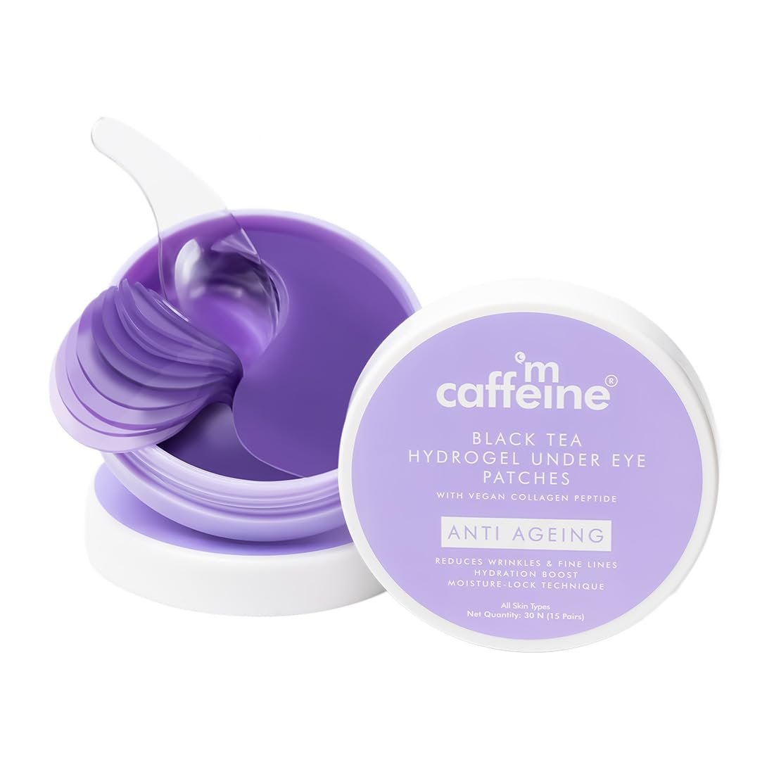 mCaffeine Black Tea Complex™ Anti Ageing Cooling Under Eye Patches with Vegan Collagen Peptide | Eye Patch Mask for Instant De-Puffing | 15 Pairs