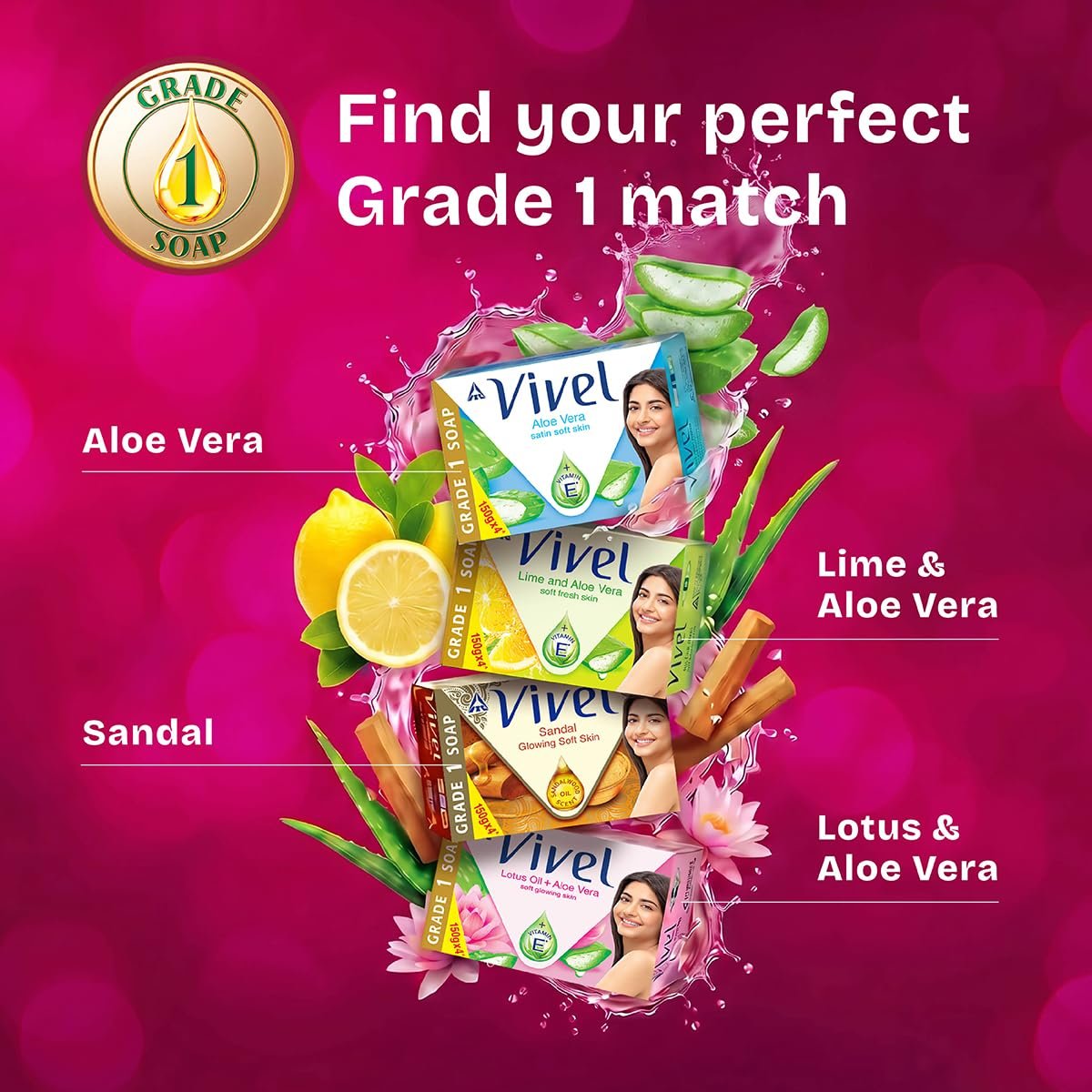 Vivel Aloe Vera Soap | BIS Grade 1 Bathing Soap with 76% TFM | Moisturizing Soap for Soft, Smooth & Refreshed Skin | Pack of 4 × 150g (600g Total) thumbnail