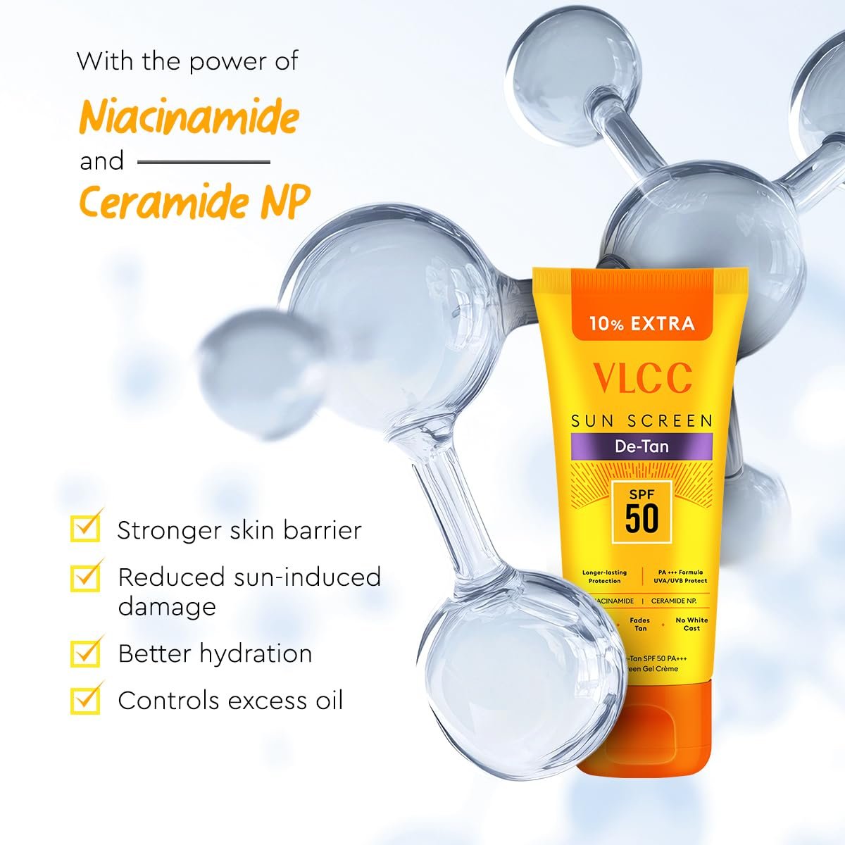 VLCC All Skin De-Tan SPF 50 PA+++ Sunscreen Gel Crème - 100g + 10g Extra | With Cucumber, Carrot, and Saxifraga Extracts thumbnail