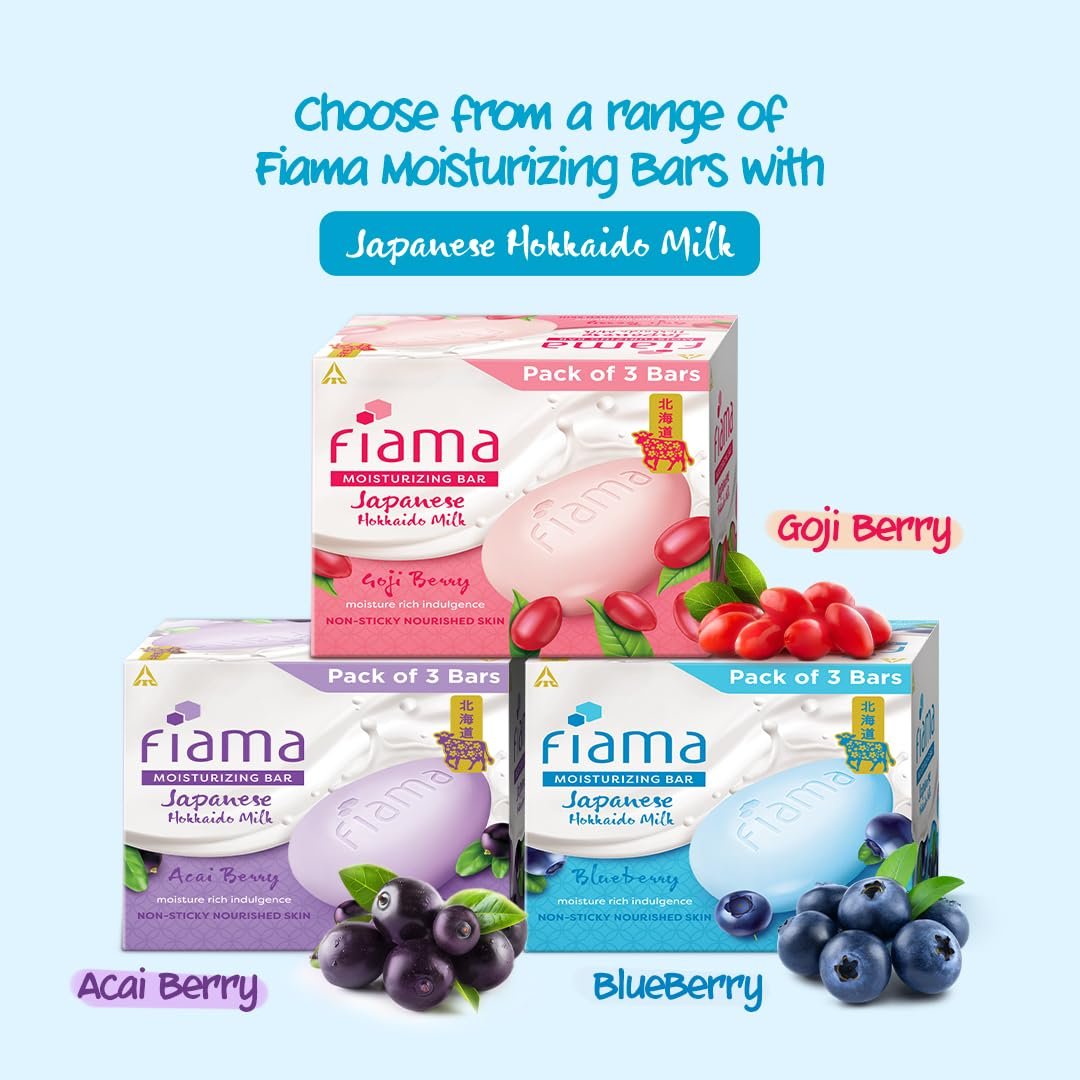 Fiama Skin Barrier Strengthening Moisturizing Soap Bar 125gx3 | Clinically Proven | With Pro-Ceramides | Blue Berry & Japanese Hokkaido Milk Celebration Pack of 3, thumbnail