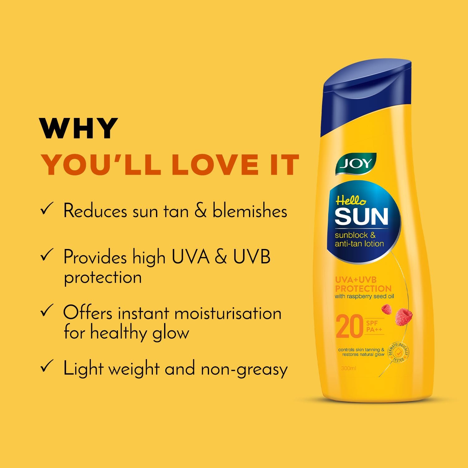 Joy Hello Sun Body Sunscreen Lotion SPF20 PA++ (300ml) | INVIVO Tested | UVA + UVB Protection | Tan Control and restores Glow | Lightweight, Fast Absorbing & Zero White Cast | For Normal to thumbnail