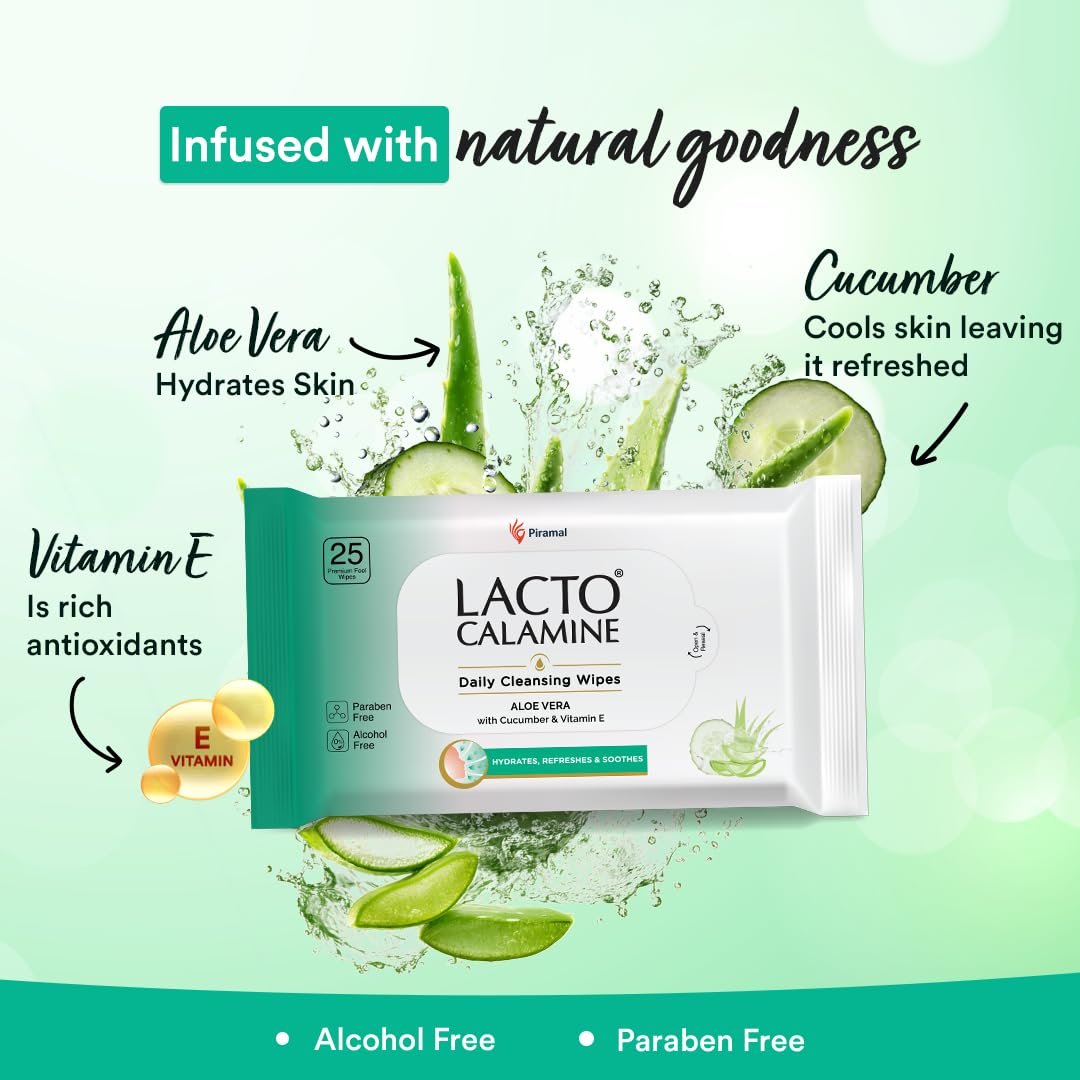 Lacto Calamine Daily Cleansing Face Wipes 25N Each - Pack of 3 | Makeup Remover Wipes | Wet Tissue for Face with Aloe Vera, Cucumber & Vitamin E | Wet Wipes for Women & Men | thumbnail