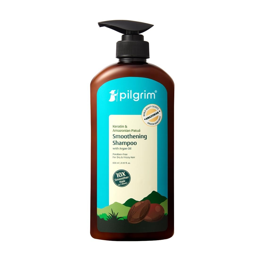 Pilgrim Patua & Keratin Hair Smoothening Shampoo for Frizzy Hair - 650ml 72H Frizz Control with Keratin, Adds Shine, Smoothens Frizz with Amazonian Patua, Softens Dry Hair, Improves Manageab