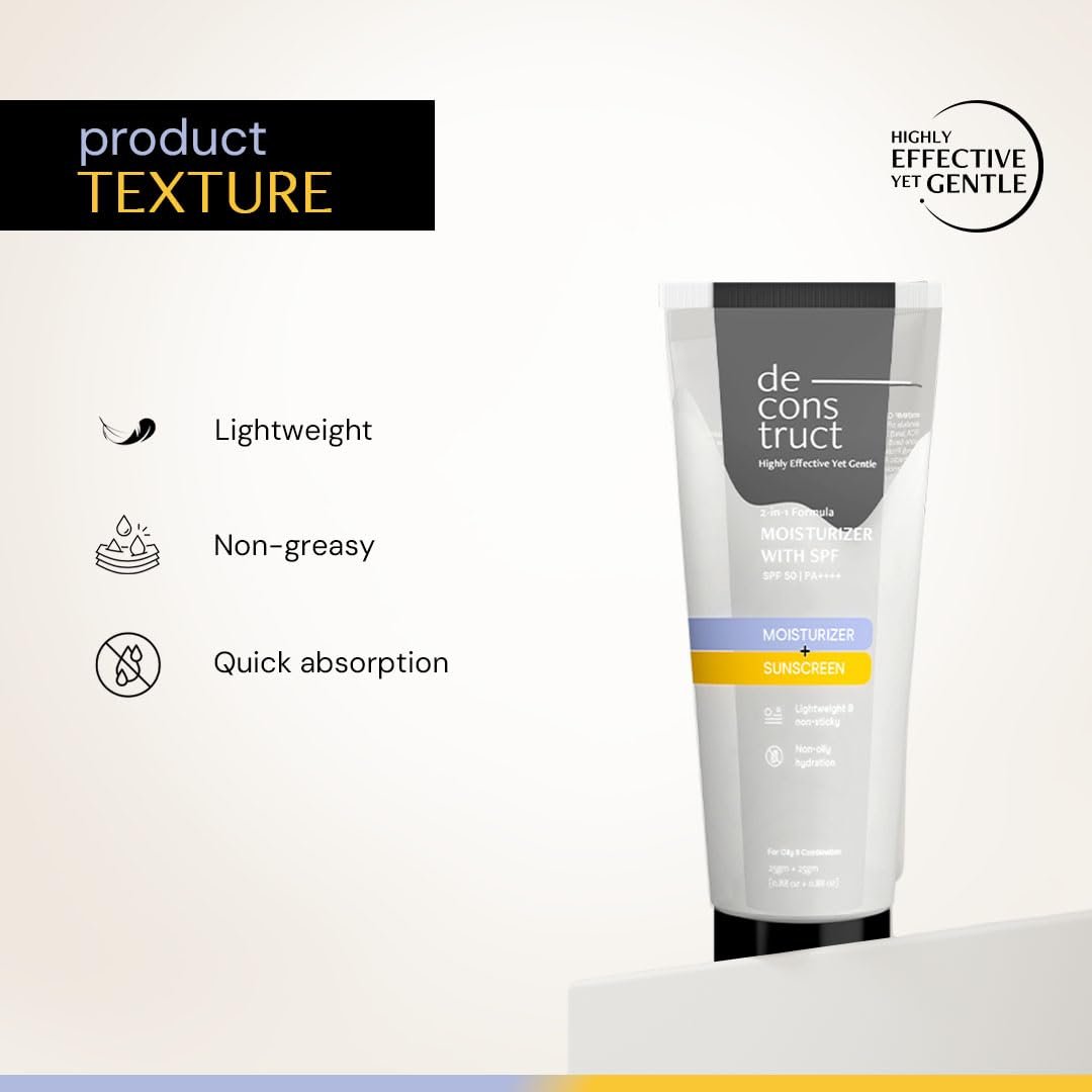 Deconstruct 2 in 1 Moisturizer & Sunscreen | SPF 50 PA++++, Oil Free Moisturizer & Gel Sunscreen, Invivo Tested, Lightweight, Non-Greasy, For oily, combination, normal skin | 50g thumbnail