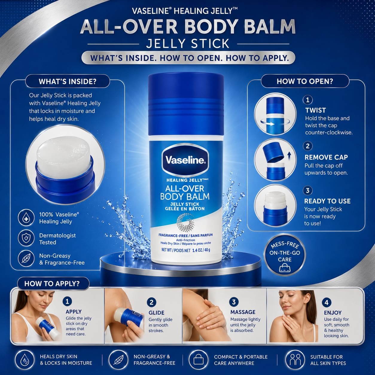 Vaseline All Over Body Balm Jelly Stick 40g | Fragrance Free Healing Jelly Moisturizer for Dry Skin & Anti Chafing Care thumbnail