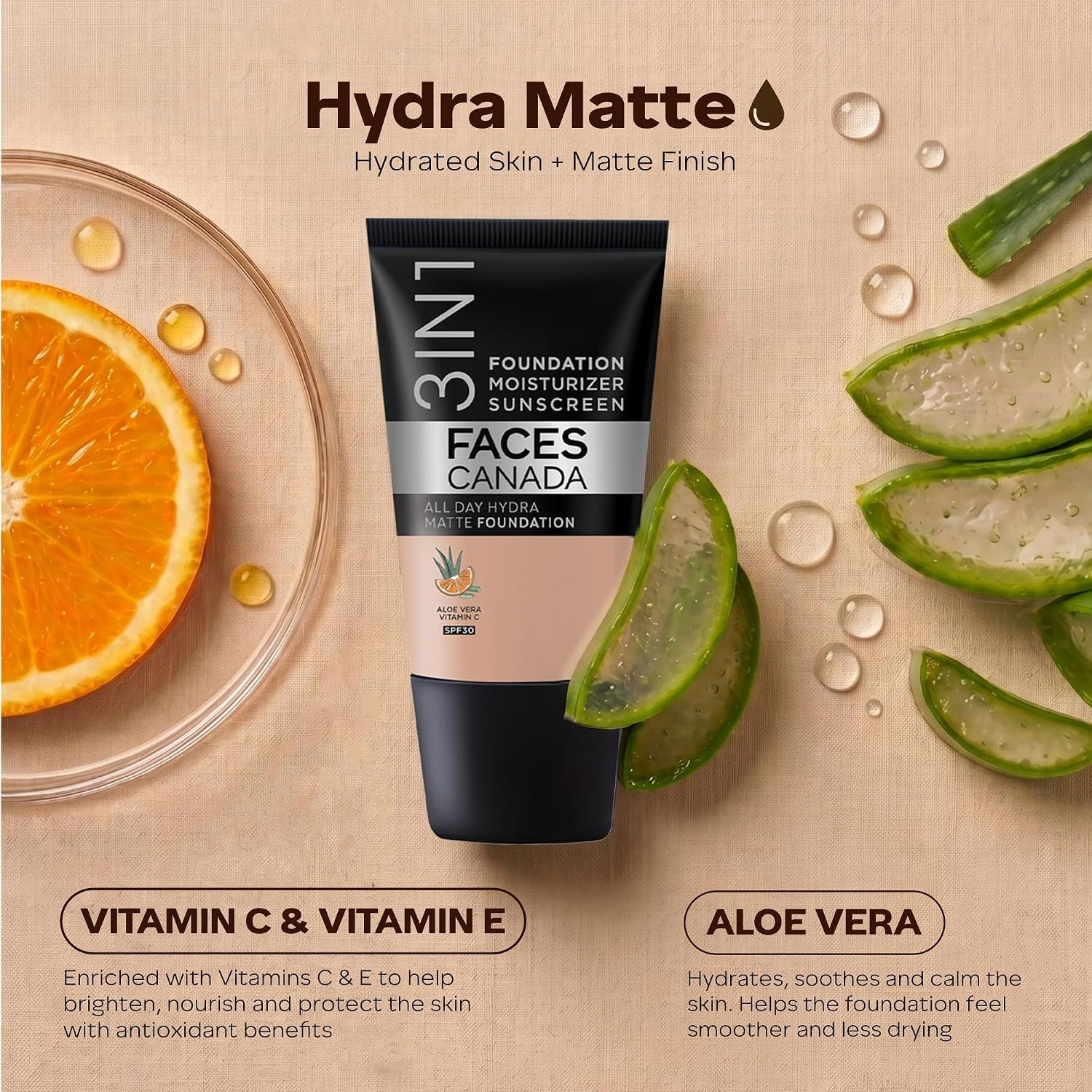 FACES CANADA All Day Hydra Matte Foundation - Mini | 3in1 Foundation + Moisturizer + SPF 30 |  Warm Natural (18 ml) thumbnail