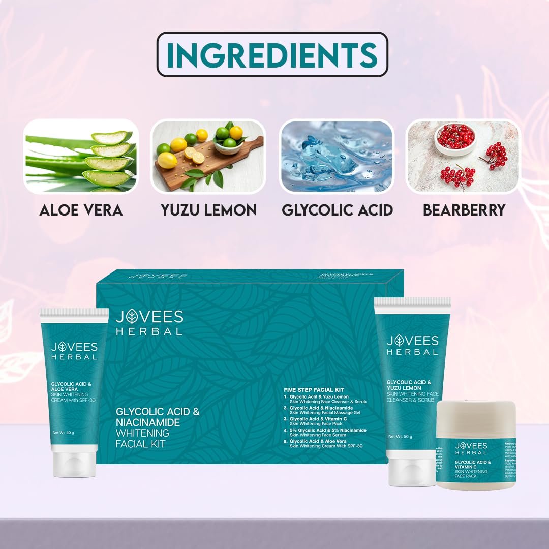 Jovees Herbal Glycolic Acid & Niacinamide Whitening Facial Kit For Brighter & Hydrated Skin | Kit for Improves Uneven Skin Tone, Dark Spots & Dullness 215g (Multiple Use) thumbnail