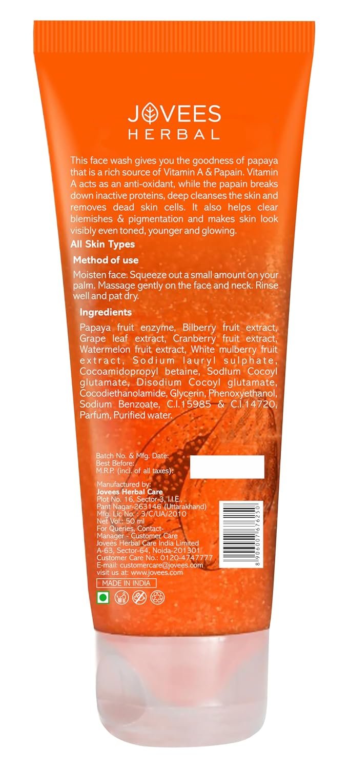 Jovees Herbal Papaya Face Wash For Glowing and Clear Skin with Papaya & Bilberry fruit Ext | Gentle Cleanser For Brightens Skin, Removes Pigmentation & Dark Spots | 50ml thumbnail