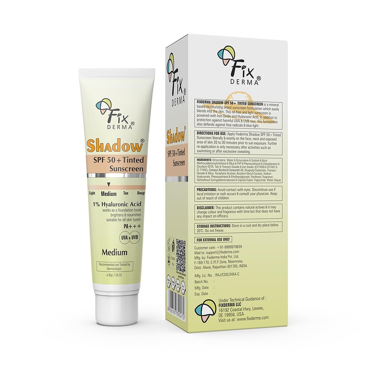 Fixderma Shadow Tinted Sunscreen Medium SPF 50 PA+++ | 1% Hyaluronic Acid & Vitamin E | Brightens & Nourishes the Skin | UVA & UVB Protection | Lightweight | No White Cast | - 30gm thumbnail