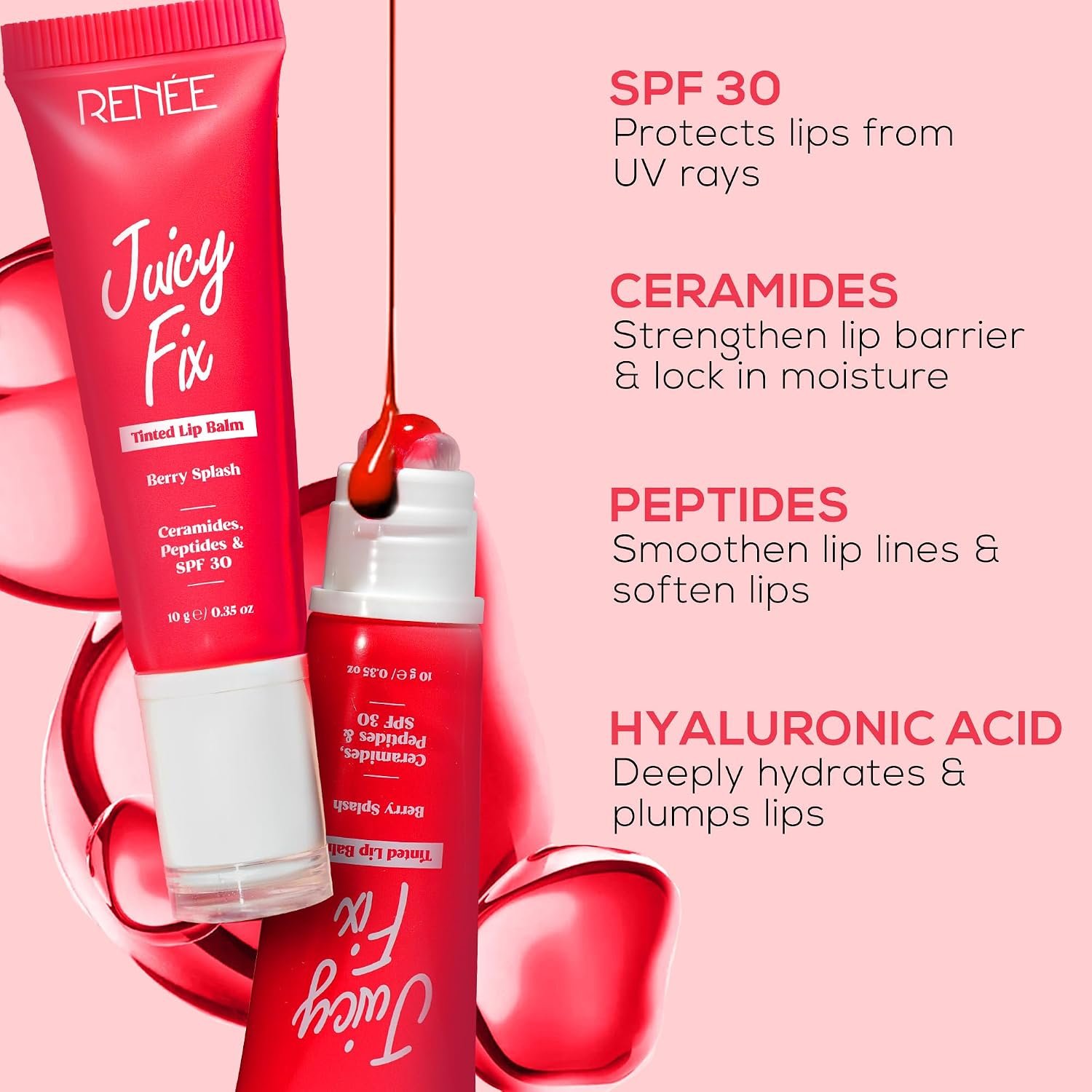 RENEE Juicy Fix Tinted Lip Balm- Peach Pop | Shiny, Glossy Finish | Protects Lips With SPF 30 | Repairs & Nourishes Dry, Flaky Lips | With Peptides, Ceramides & Hyaluronic Acid | 10 g thumbnail