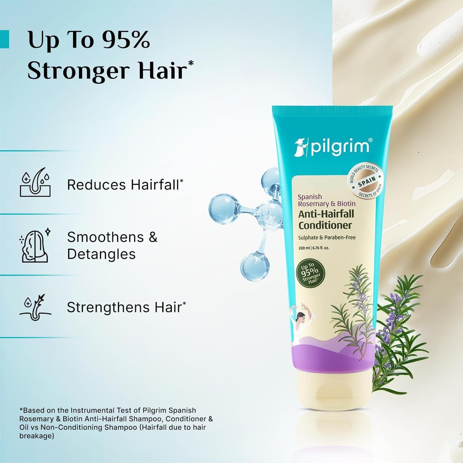 Pilgrim Spanish Rosemary & Biotin Anti Hairfall Conditioner for Reducing Hair Loss & Breakage | Upto 95% stronger hairs | Suitable for all hair types | For Men & Women 180ml thumbnail