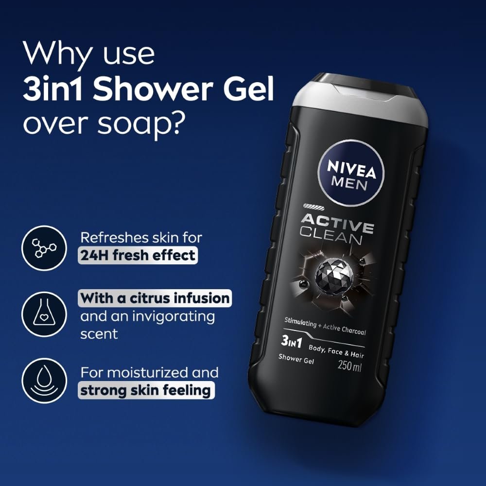 NIVEA Men Body Wash, Active Clean with Active Charcoal, Shower Gel for Body, Face & Hair, 250 ml thumbnail