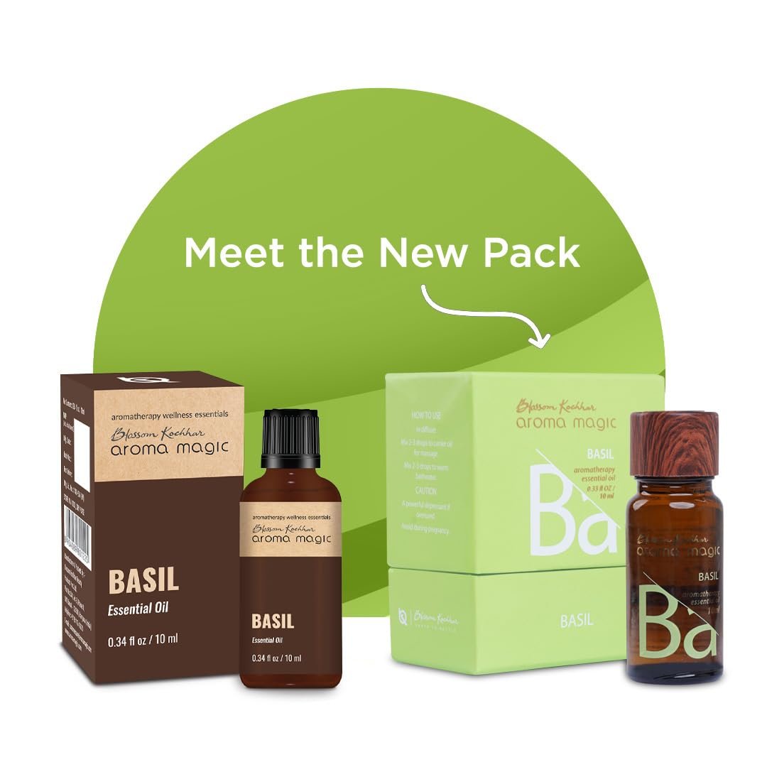 Aroma Magic Basil Essential Oil – 100% Pure Ocimum Basileus | Relieves, Calms Nerves | Natural Remedy for Acne, Cold, & Stress – 10ml thumbnail