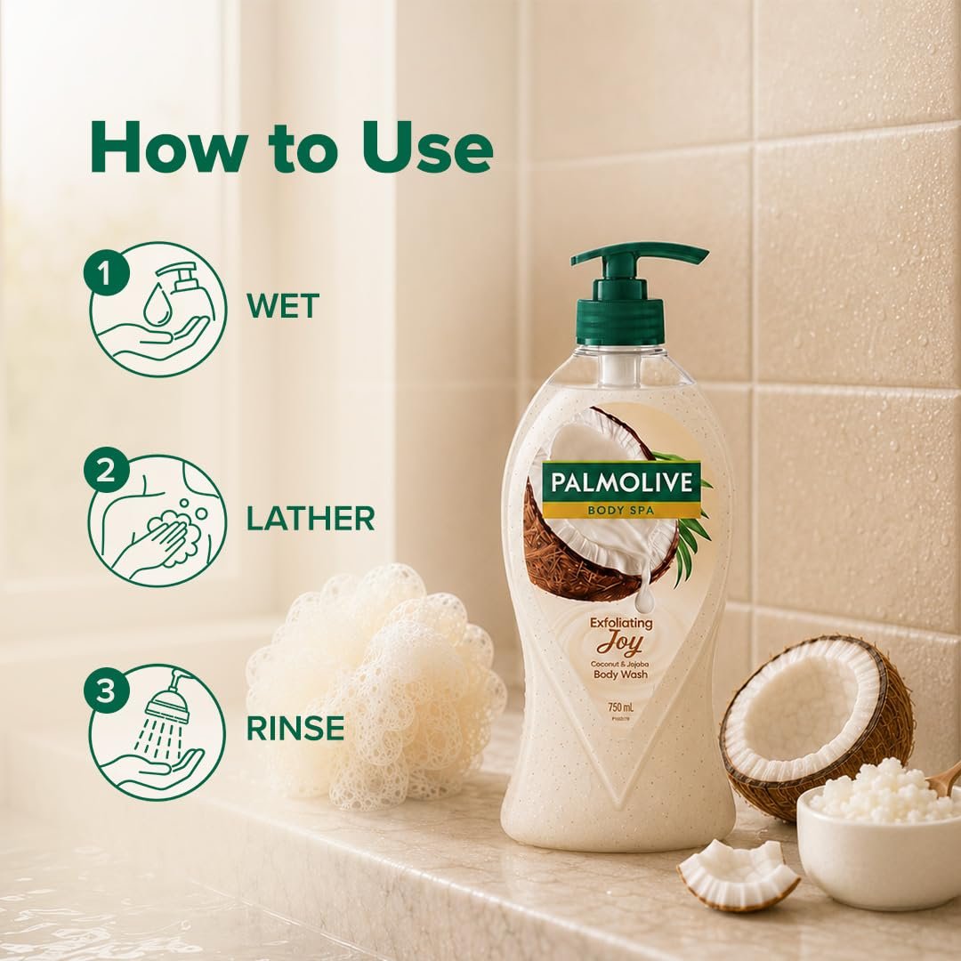 Palmolive Exfoliating Joy Bodywash for Women & Men, 750ml Crème Based Shower Gel Crushed Coconut & Jojoba Butter Extracts For Smooth Skin, PH Balanced Bodywash | thumbnail