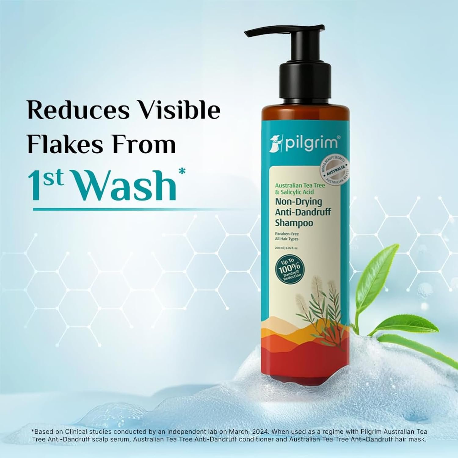 Pilgrim Australian Tea Tree Non-Drying Anti-Dandruff Shampoo - 200ml Salicylic Acid, Reduces Visible Flakes from 1st Wash, Prevent Dandruff Reccurence, Non-Drying Scalp Cleanse, All Hair Typ thumbnail