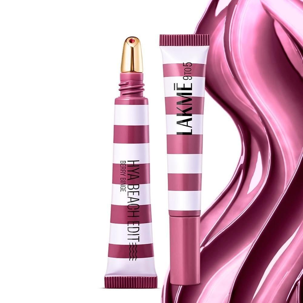 Lakme 9to5 Hya Beach Edit Lip Gloss Stain - 4 Berry Binge, Long Lasting Lip Tint, For Soft and Nourished Lips, with Linoleic Acid & Hyaluronic Acid, SPF 15, Non-Sticky and Lightweight, 10 ml