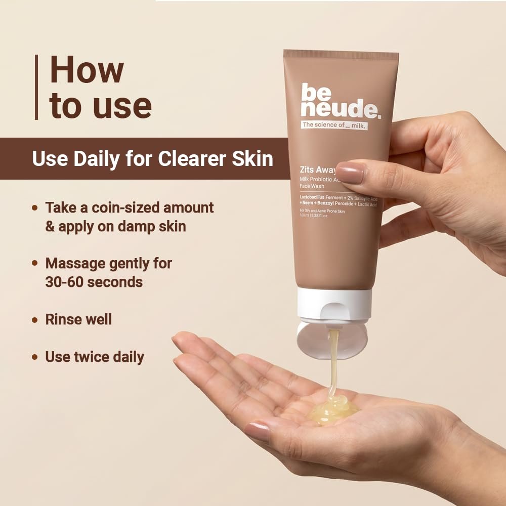 Be Neude Zits Away 100ml Daily Acne Control Face Wash with Milk Probiotics, 2% Salicylic Acid, Neem, Acne Face Wash for Men & Women (Pack of 1) thumbnail