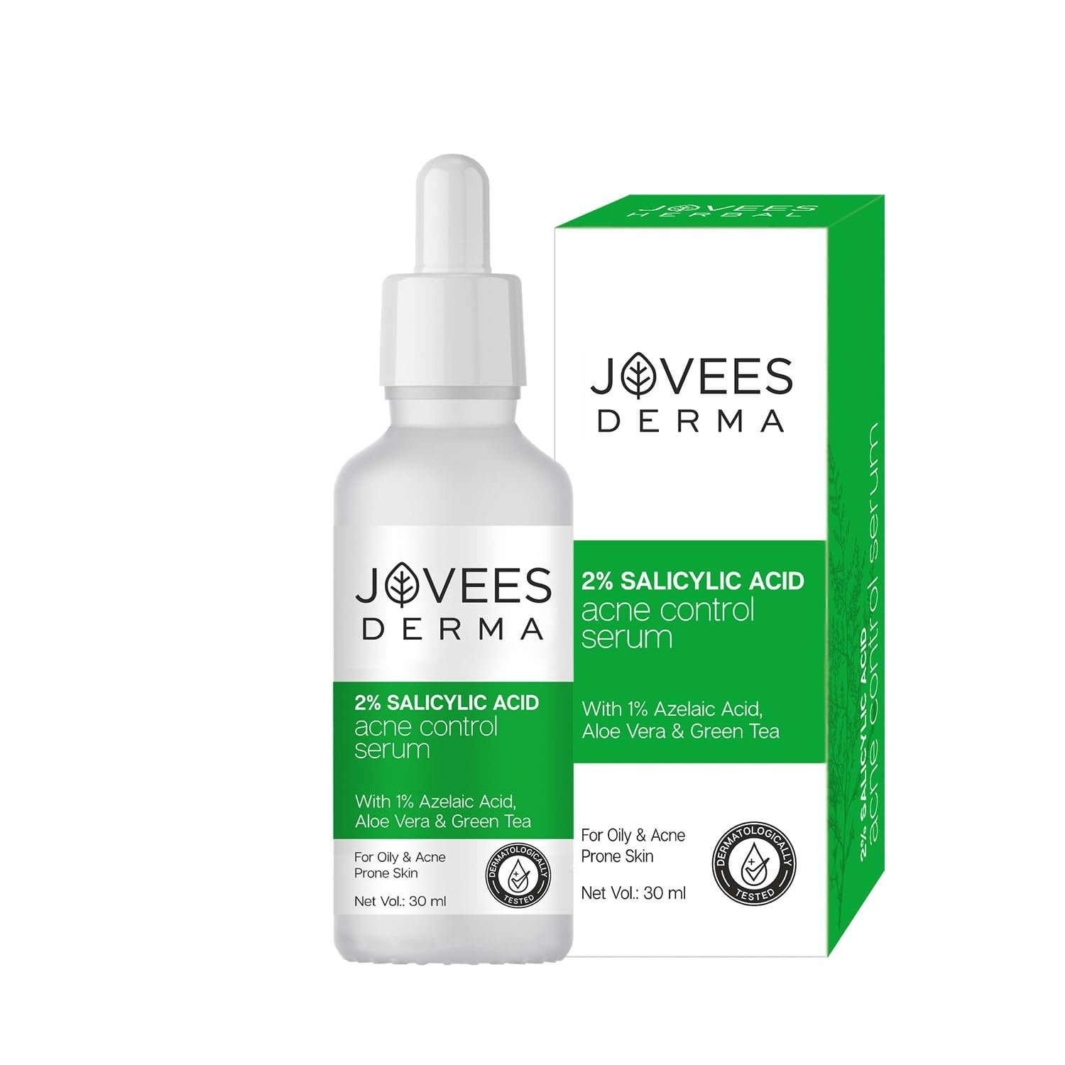 Jovees Herbal 2% Salicylic Acid Acne Control Serum With 1% Azelaic Acid Aloe Vera & Green Tea |For Active Acne, Oil Balancing, Pore Tightening | For All Skin Types | 30 ml