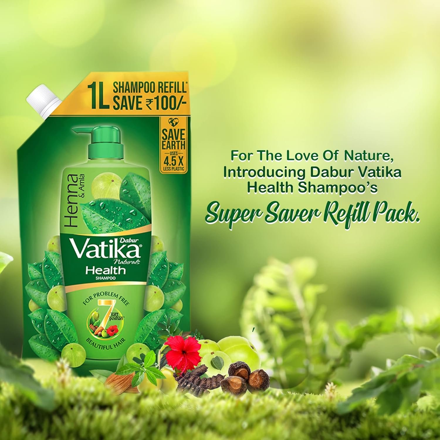 Dabur Vatika Health Shampoo - 1 L (Refill Pouch) | With 7 Natural Ingredients | For Smooth, Shiny & Nourished Hair | Repairs Hair Damage, Controls Frizz | Goodness of Henna & Amla thumbnail