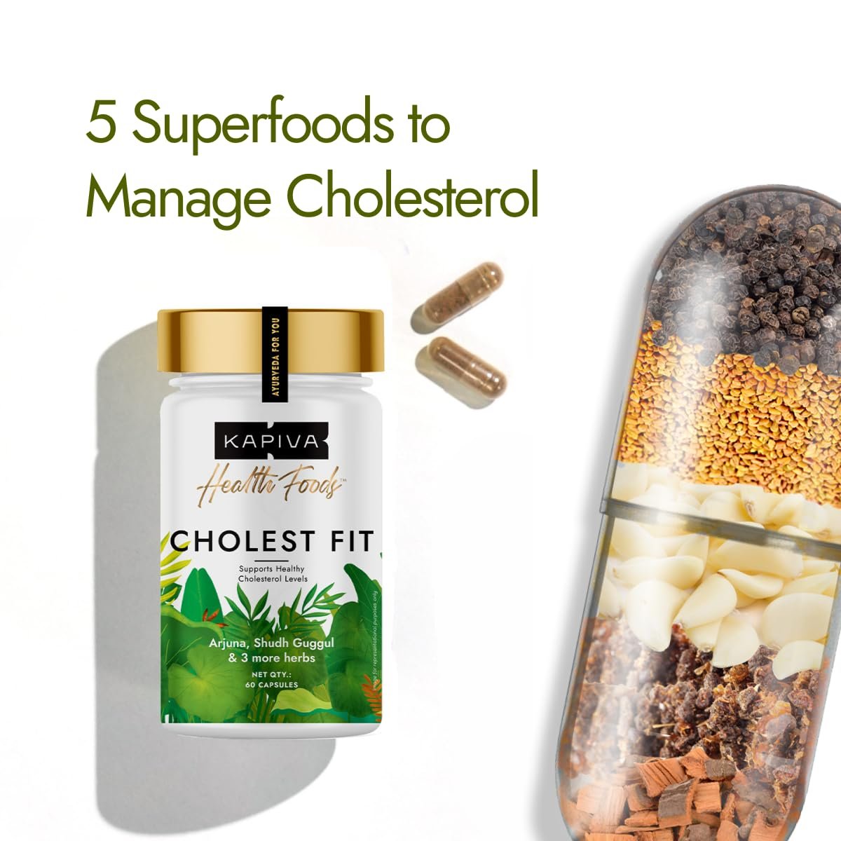 Kapiva Cholest Fit Capsules | Modern Ayurvedic Cholesterol Care | 6 Herbs - Arjuna Chhaal, Garlic, Apple Cider Vinegar| Helps Reduce Cholesterol | 60 N thumbnail