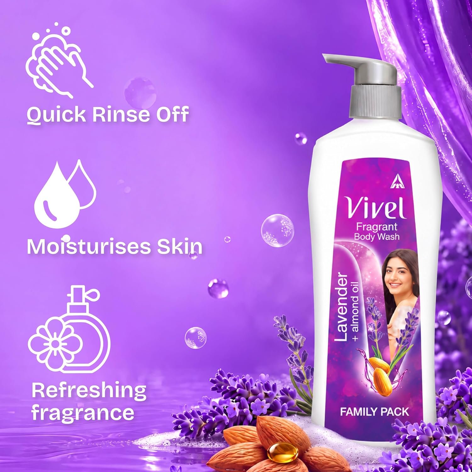 Vivel Lavender & Almond Oil Moisturizing Body Wash | Quick Wash-Off Formula for Soft, Smooth & Nourished-Looking Skin | Daily Body Cleanser | 450ml thumbnail