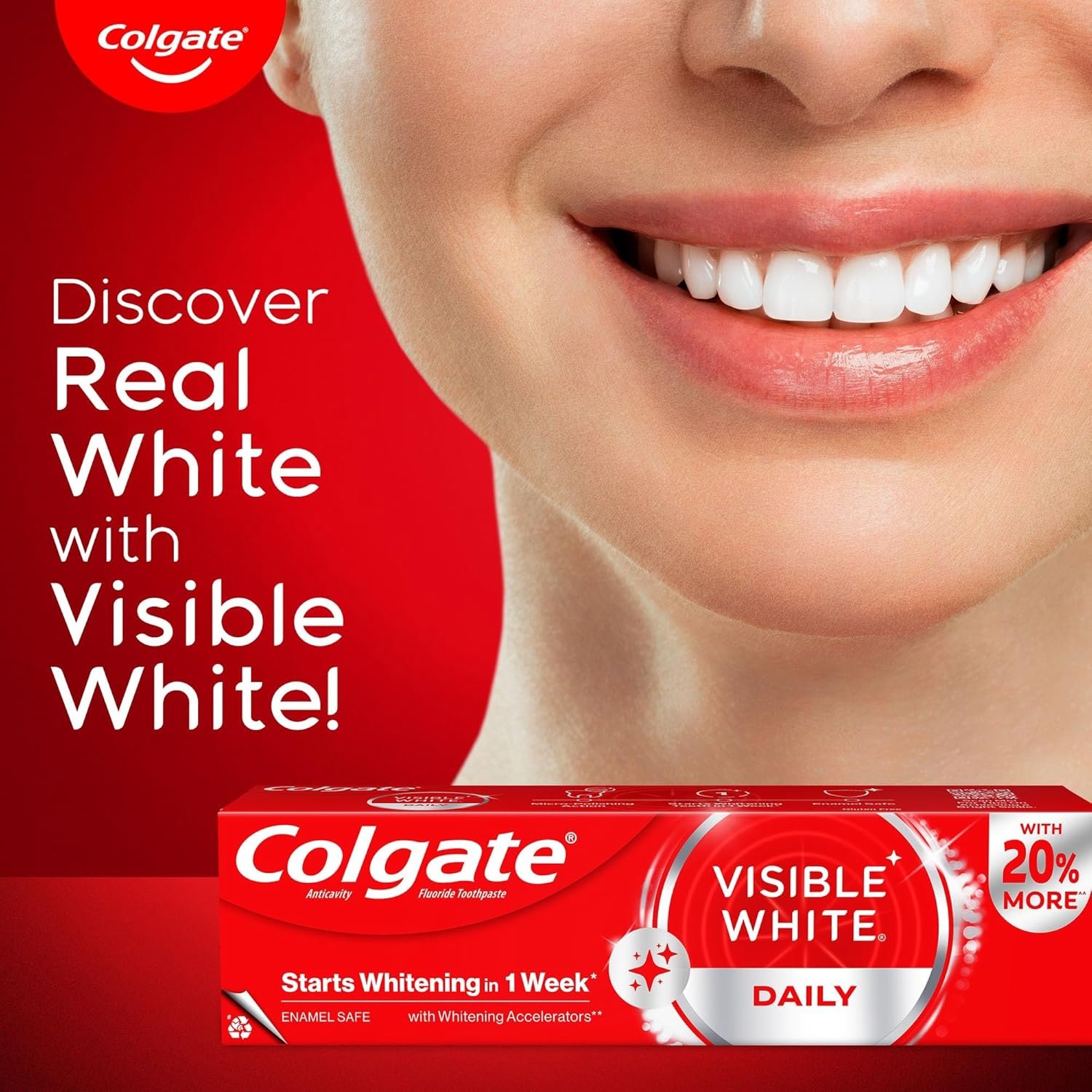 Colgate Visible White Toothpaste, Teeth Whitening Starts in 1 week, Safe on Enamel, Stain Removal Tooth Paste and Minty Flavour for Fresh Breath (200g + 40g, Combo Pack) thumbnail