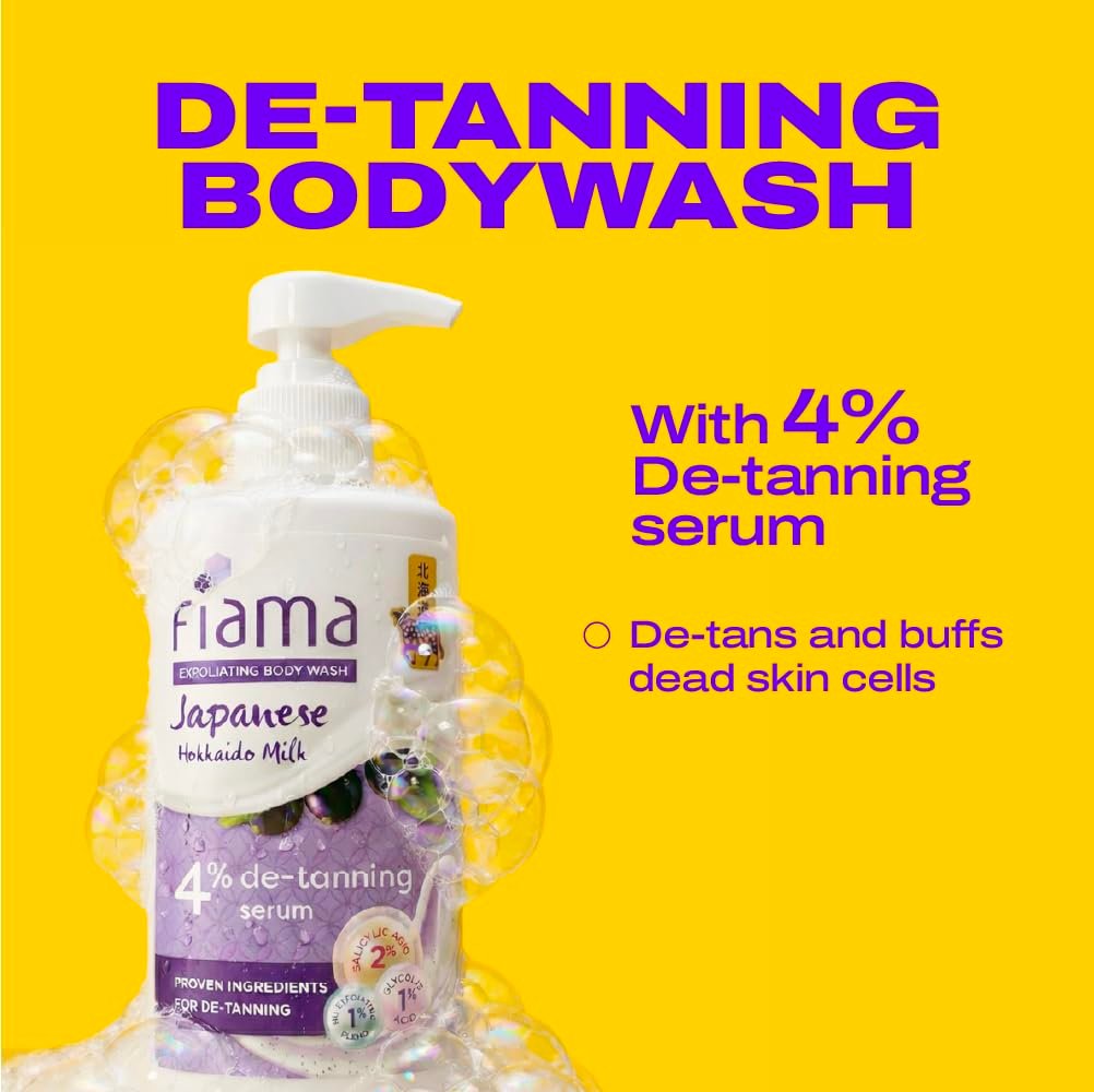 Fiama 4% Detan Serum Exfoliating Body Wash 250ml, 2% Salicylic Acid, 1% Glycolic Acid, 1% Exfoliating Tan Removal Shower Gel, Gently removes dead skin | Exotic Japanese Hokkaido Milk | thumbnail
