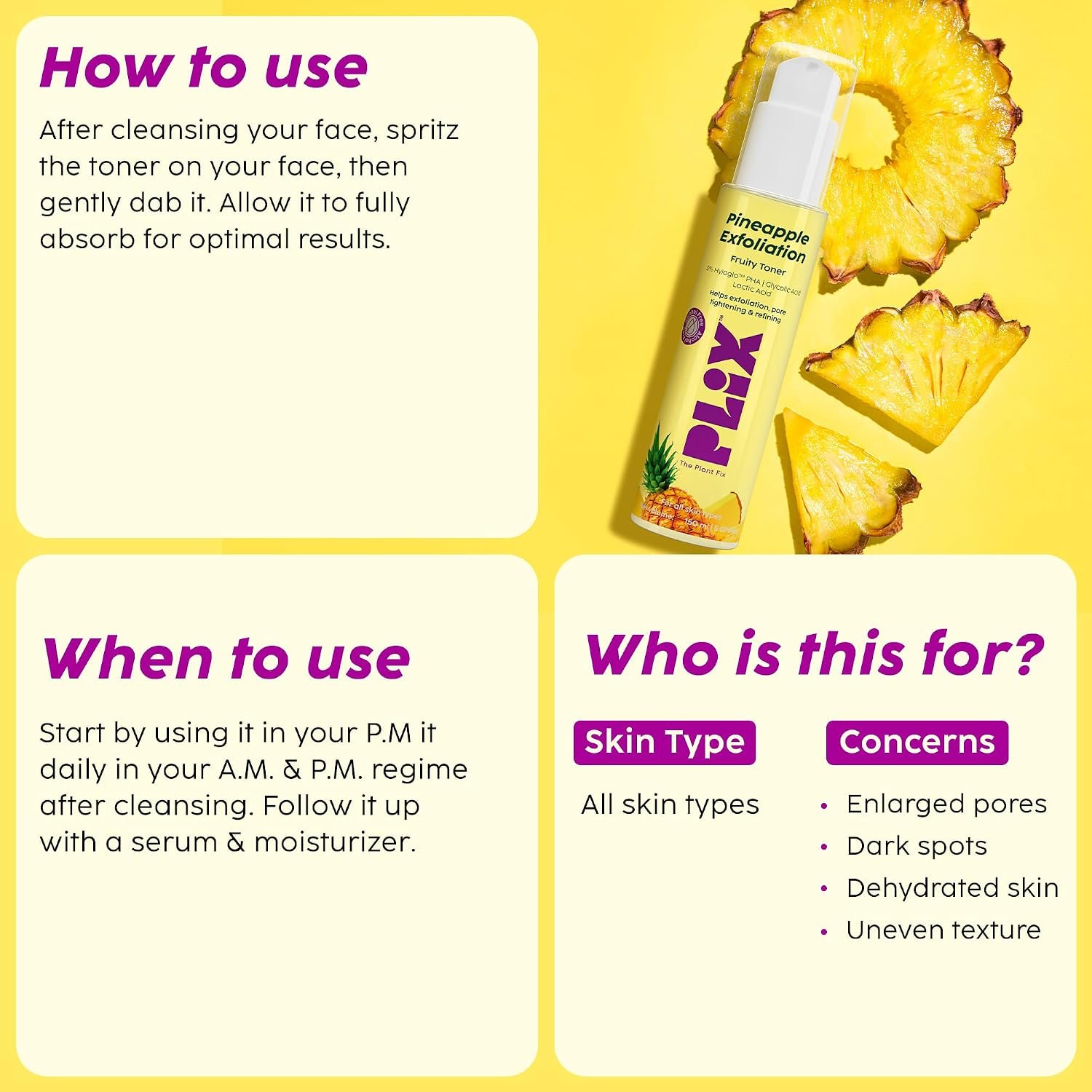 PLIX - THE PLANT FIX Pineapple PHA 3% Alcohol Free Face Toner (150ml) | Pore Tightening & Mild Exfoliation for Oily, Acne Prone, Sensitive & Normal Skin | Hydrating Face Toner for Glowing Sk thumbnail