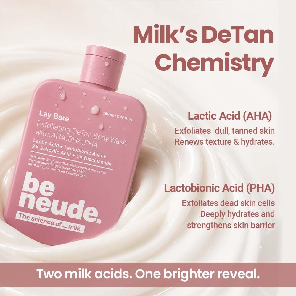 Be Neude Lay Bare Exfoliating DeTan Body Wash with AHA BHA PHA, 2% Salicylic Acid, 5% Niacinamide, Deep Cleansing and Brightening Body Wash for Glowing Skin, 250ml thumbnail